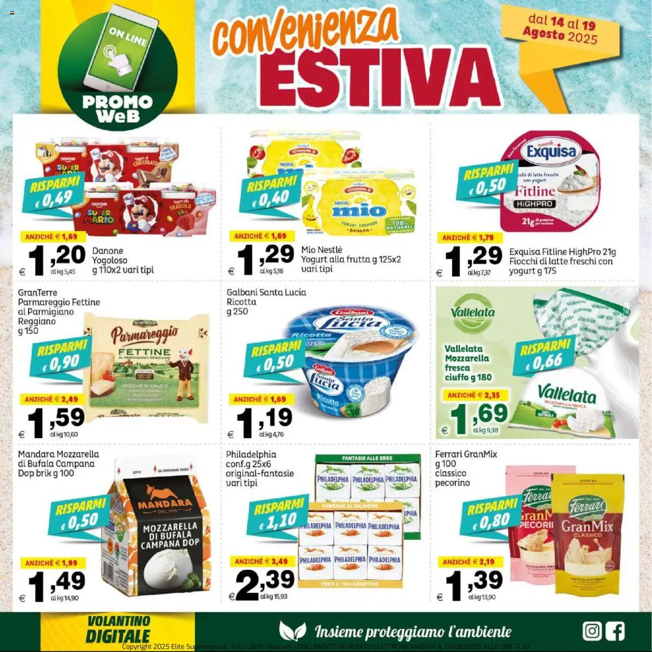 Volantino Elite Supermercati del 14.08.2025 | Pagina: 2 | Prodotti: Yogurt, Fiocchi di latte, Mozzarella, Pecorino