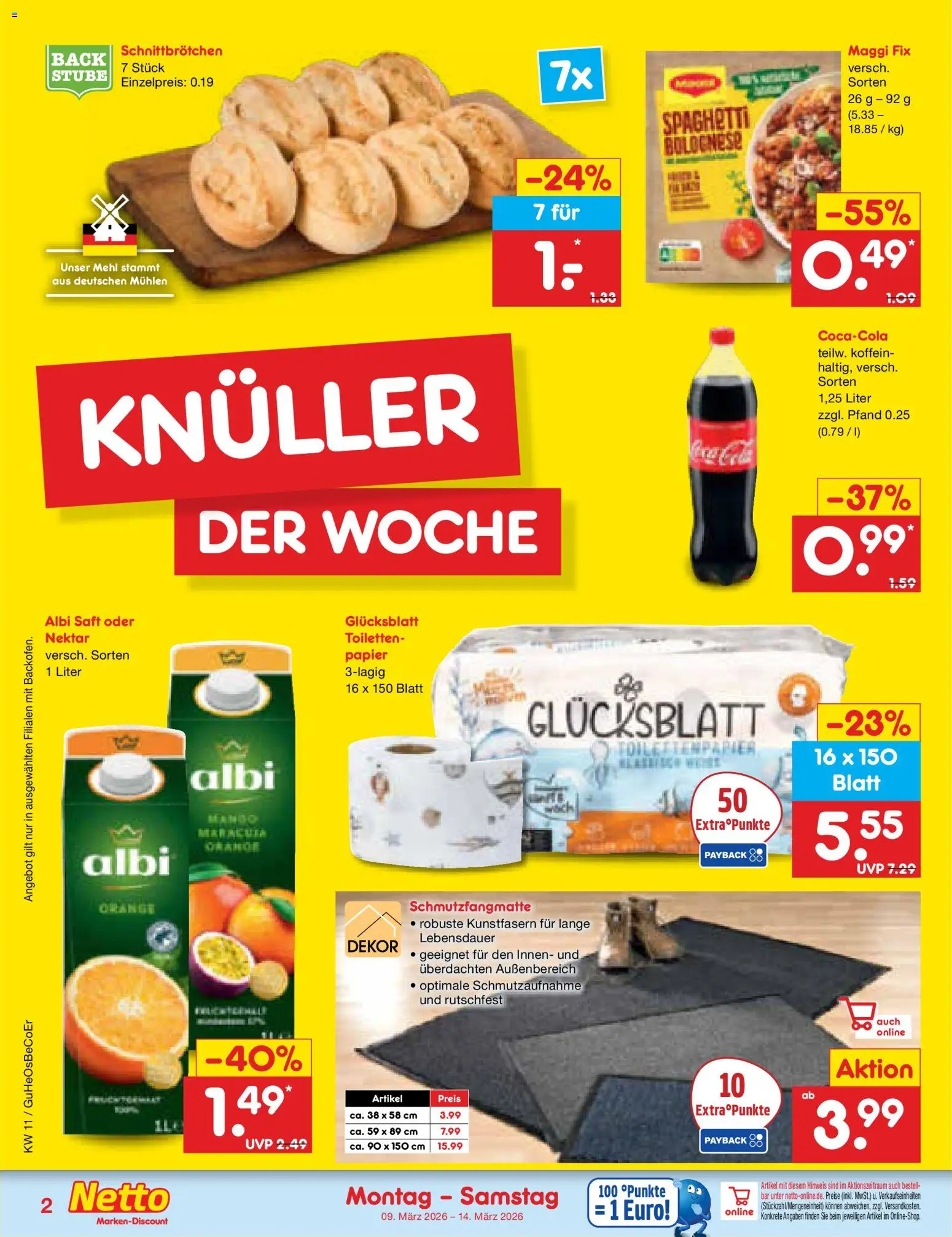 Netto Marken-Discount Prospekt 	 – gültig ab 09.03.2026 | Seite: 2 | Produkte: Mehl, Maggi, Schmutzfangmatte, Saft
