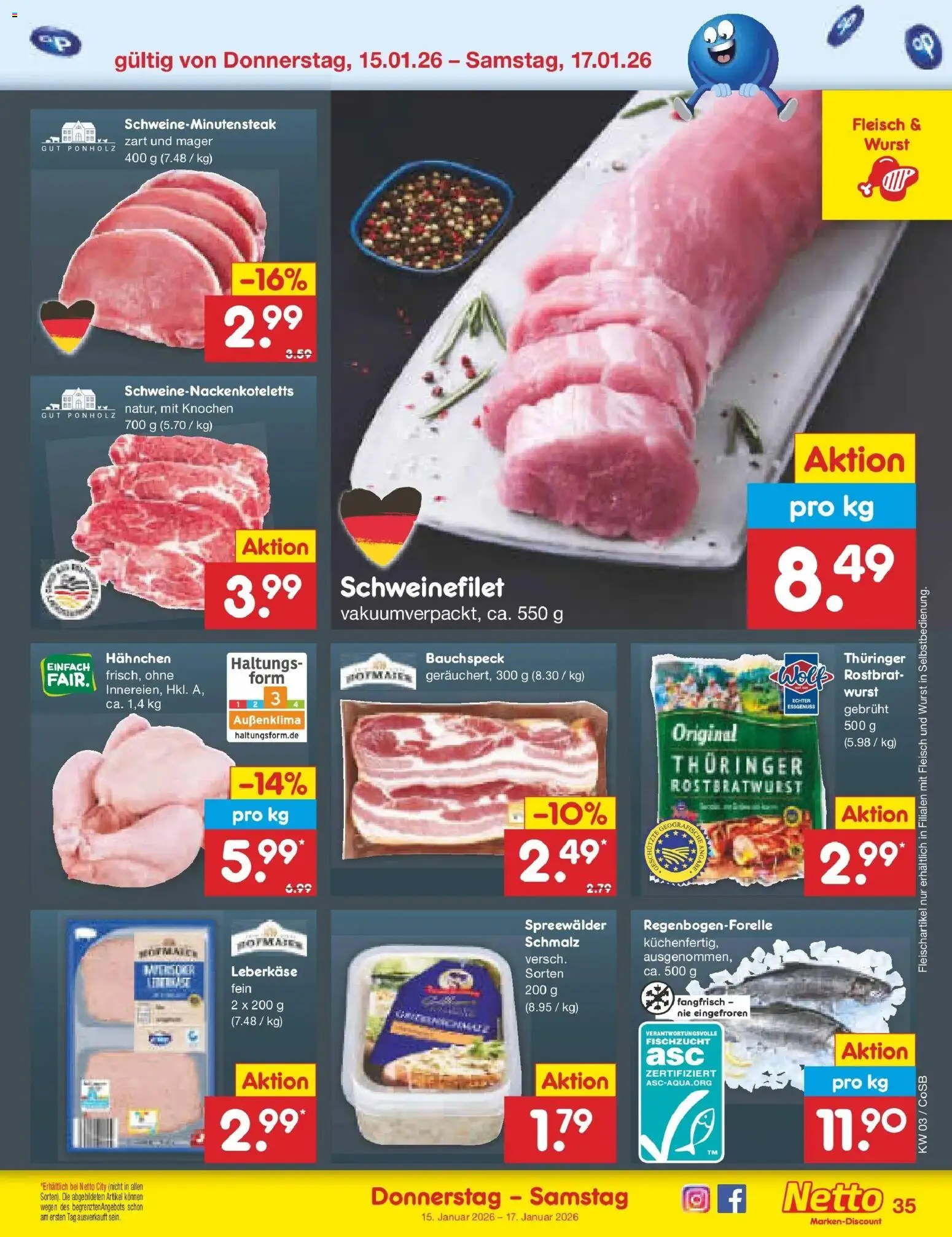 Netto Marken-Discount prospekt Bitterfeld-Wolfen	 – gültig ab 12.01.2026 | Seite: 45 | Produkte: Hahnchen, Schweinefilet, Wurst, Leberkase