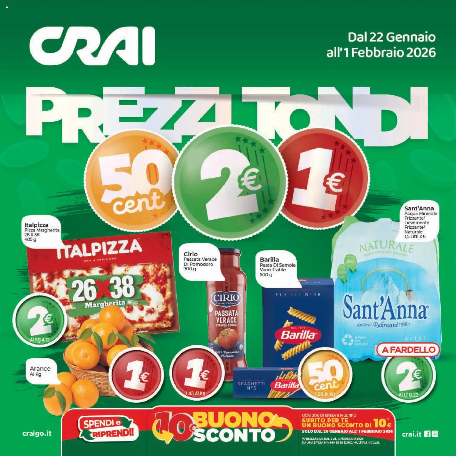 Volantino CRAI del 22.01.2026 | Pagina: 1 | Prodotti: Acqua, Pomodoro, Pasta, Fusilli