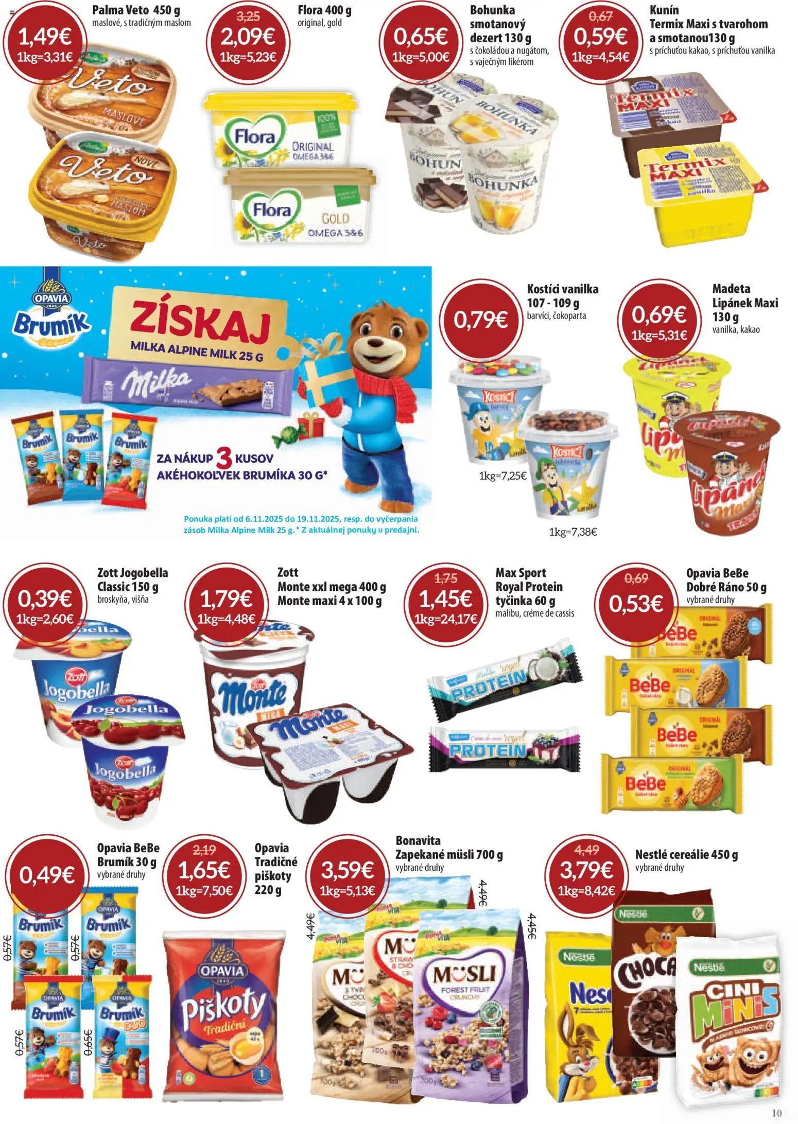 Nové Nitrazdroj akcie – leták je platný od 06.11.2025 | Strana: 10 | Produkty: Protein, Cereálie, Milka, Flora