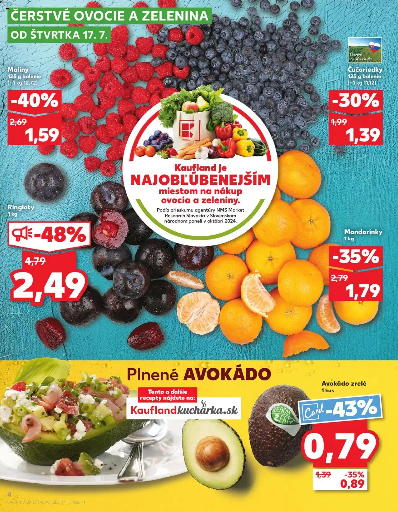 Nové Kaufland akcie – leták je platný od 17.07.2025 | Strana: 4 | Produkty: Čučoriedky, Mandarinky, Avokádo, Maliny