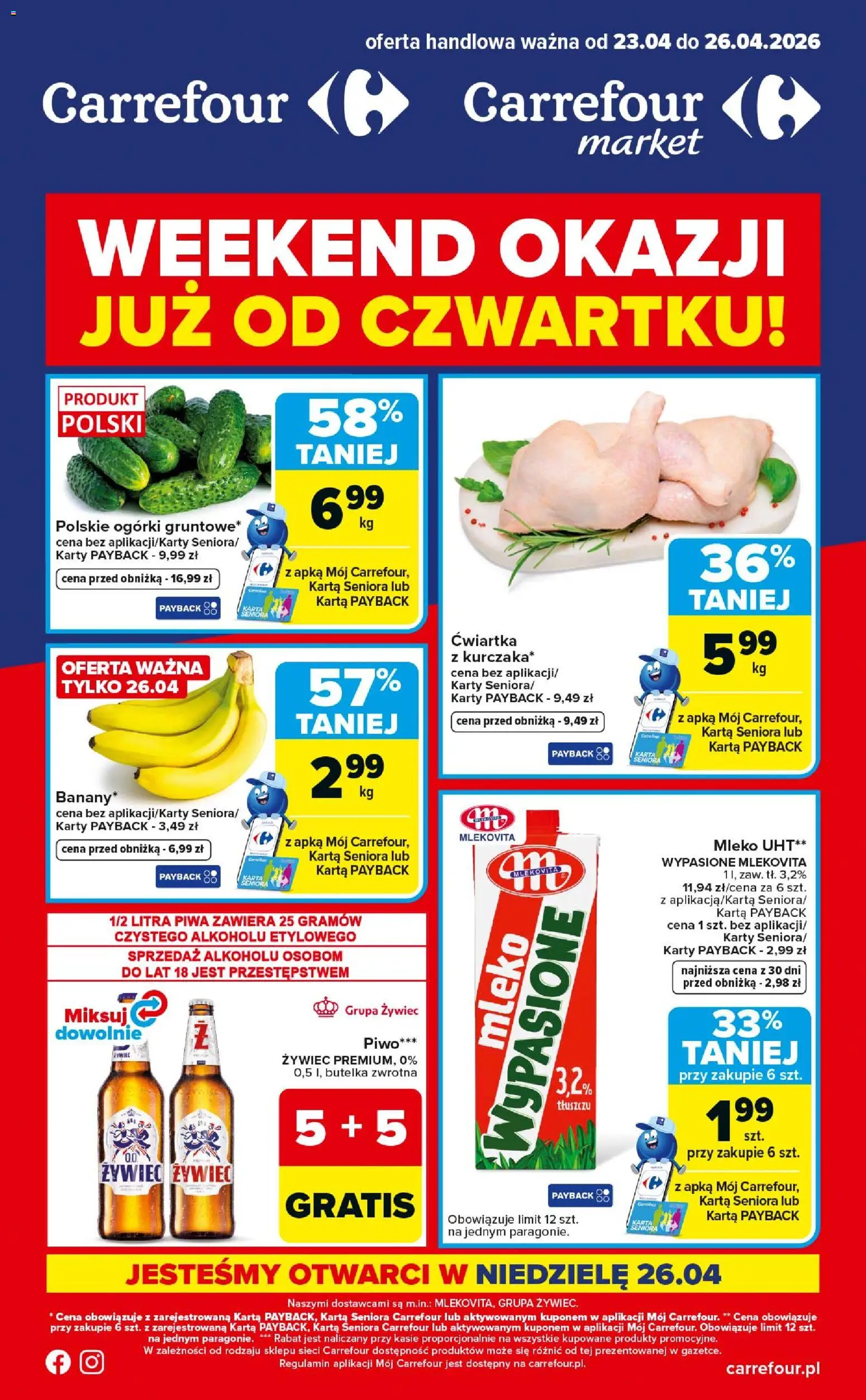 Carrefour gazetka - Weekend okazji od 23.04.2026 | Strona: 1 | Produkty: Karta, Mleko, Piwo, Ogórki