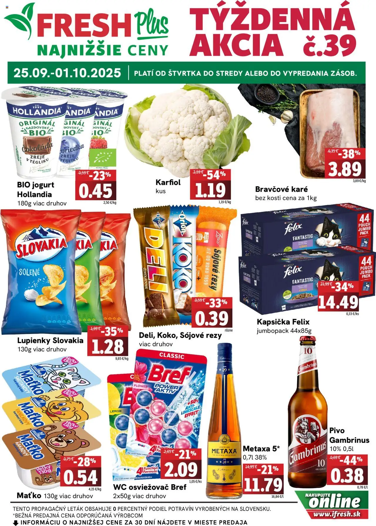 Nové Fresh akcie – leták je platný od 25.09.2025 | Strana: 1 | Produkty: Pivo, Karfiol, Wc, Krém