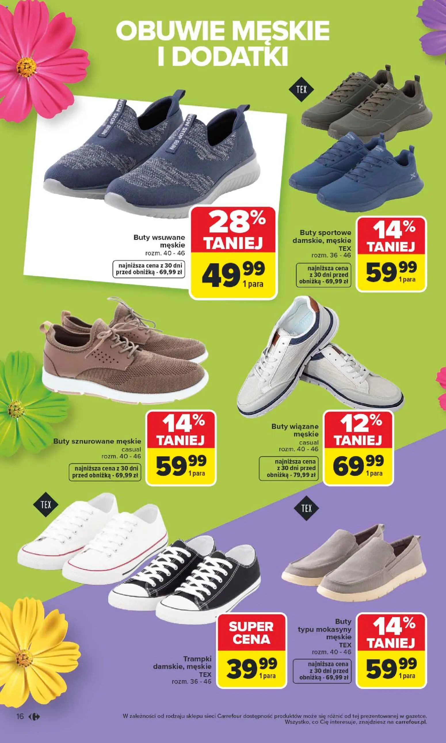 Carrefour gazetka - TEX na spotkanie z wiosną od 07.04.2026 | Strona: 16 | Produkty: Buty sportowe, Trampki, Mokasyny, Buty