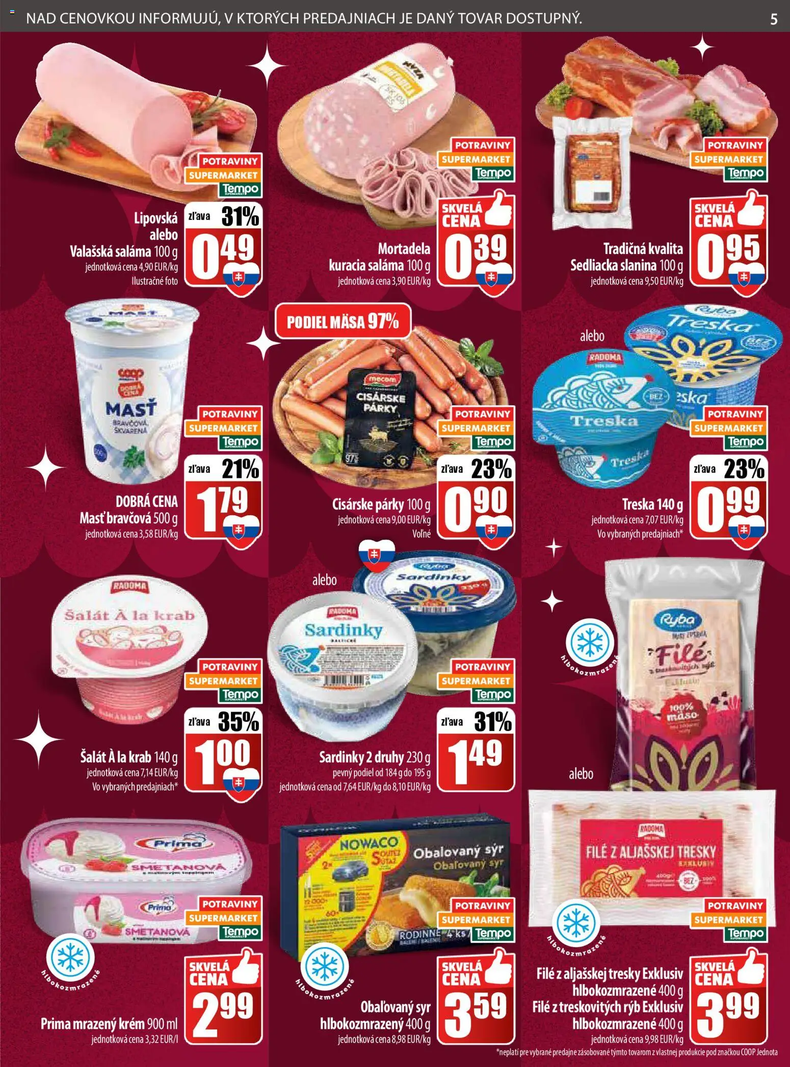 Nové COOP Jednota akcie – leták je platný od 04.12.2025 | Strana: 5 | Produkty: Saláma, Slanina, Párky, Treska