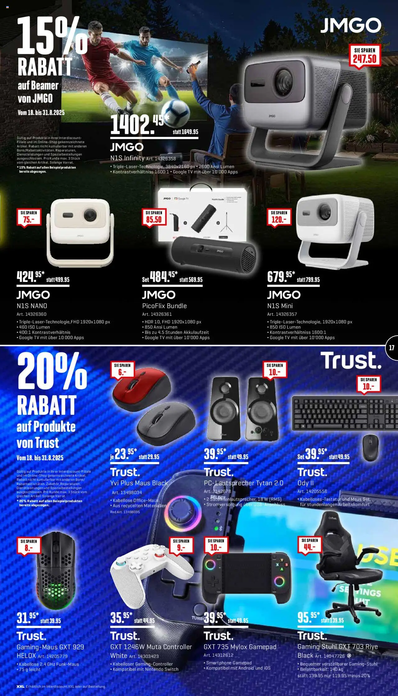 Interdiscount Aktionen ab 18.08.2025 | Seite: 17 | Produkte: Stuhl, Maus, TV, Beamer