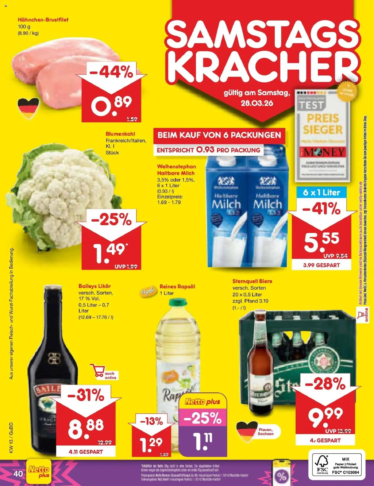 Netto Marken-Discount Prospekt Glauchau	 – gültig ab 23.03.2026 | Seite: 56 | Produkte: Milch, Rapsöl, Likör, Fleisch