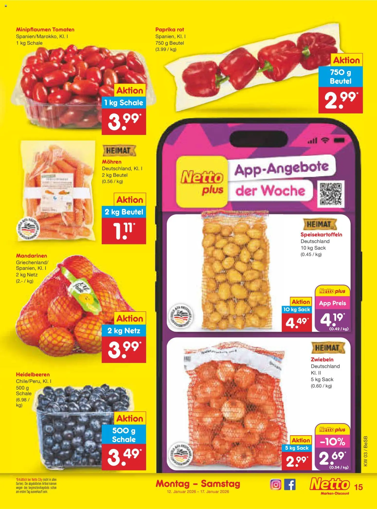 Netto Marken-Discount Prospekt 	 – gültig ab 12.01.2026 | Seite: 15 | Produkte: Tomaten, Mohren, Heidelbeeren, Paprika