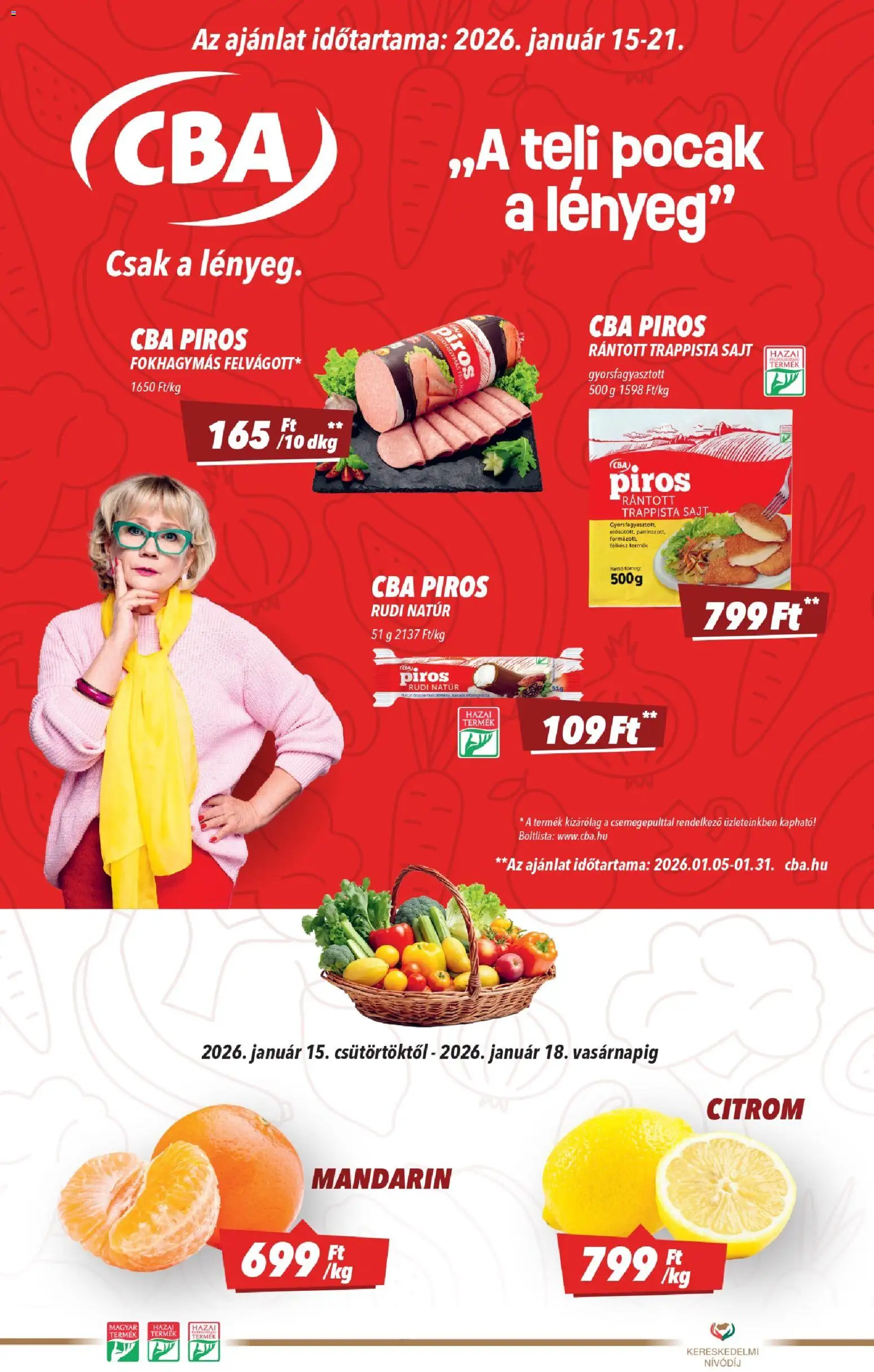 CBA akciós ujság - amely érvényes a következő dátumtól: 15.01.2026 | Oldal: 1 | Termékek: Sajt, Mandarin, Trappista sajt, Citrom