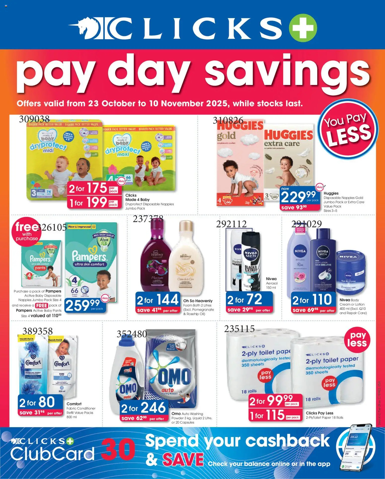 New Clicks catalogue – valid from 23.10.2025 | Page: 1 | Products: Oil, Conditioner, Nappies, Toilet paper