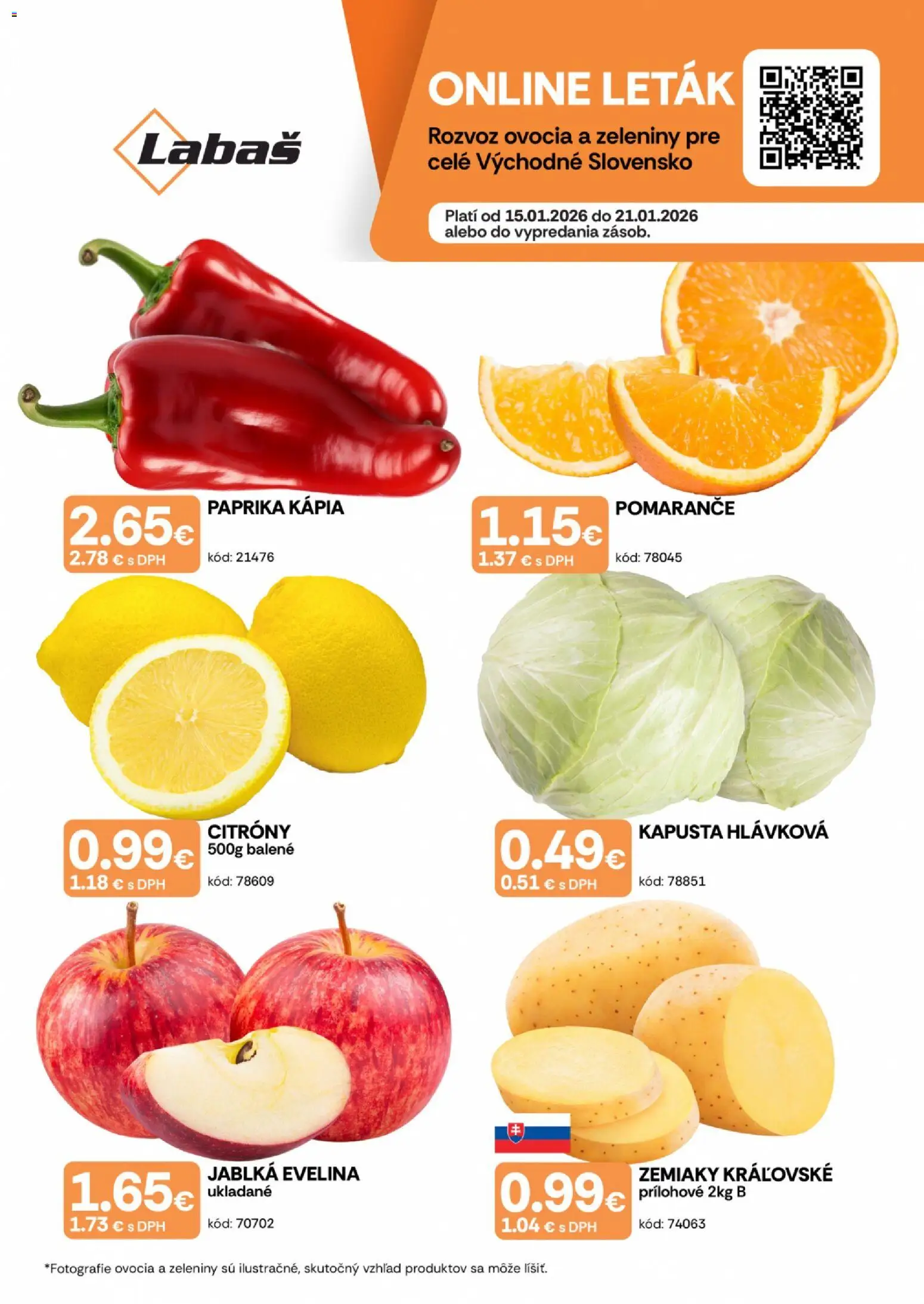 Nové Labaš akcie – leták je platný od 15.01.2026 | Strana: 1 | Produkty: Pomaranče, Citróny, Zemiaky, Kápia