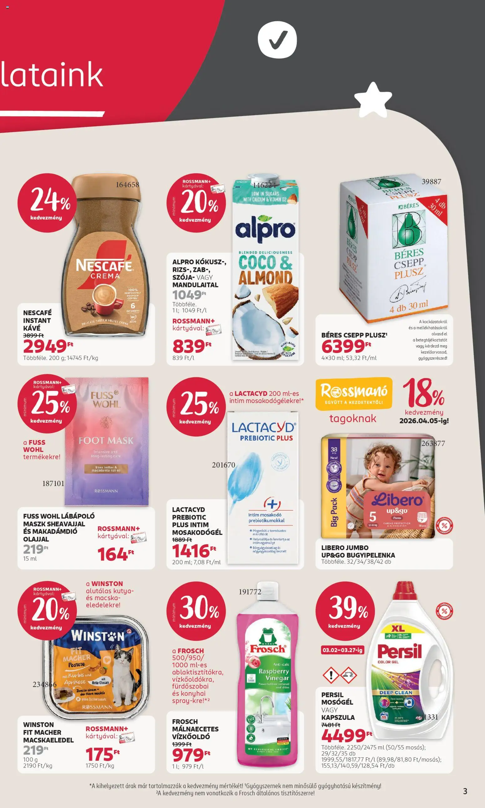 Rossmann akciós ujság - amely érvényes a következő dátumtól: 02.03.2026 | Oldal: 3 | Termékek: Mandulaital, Persil, Macskaeledel, Kávé