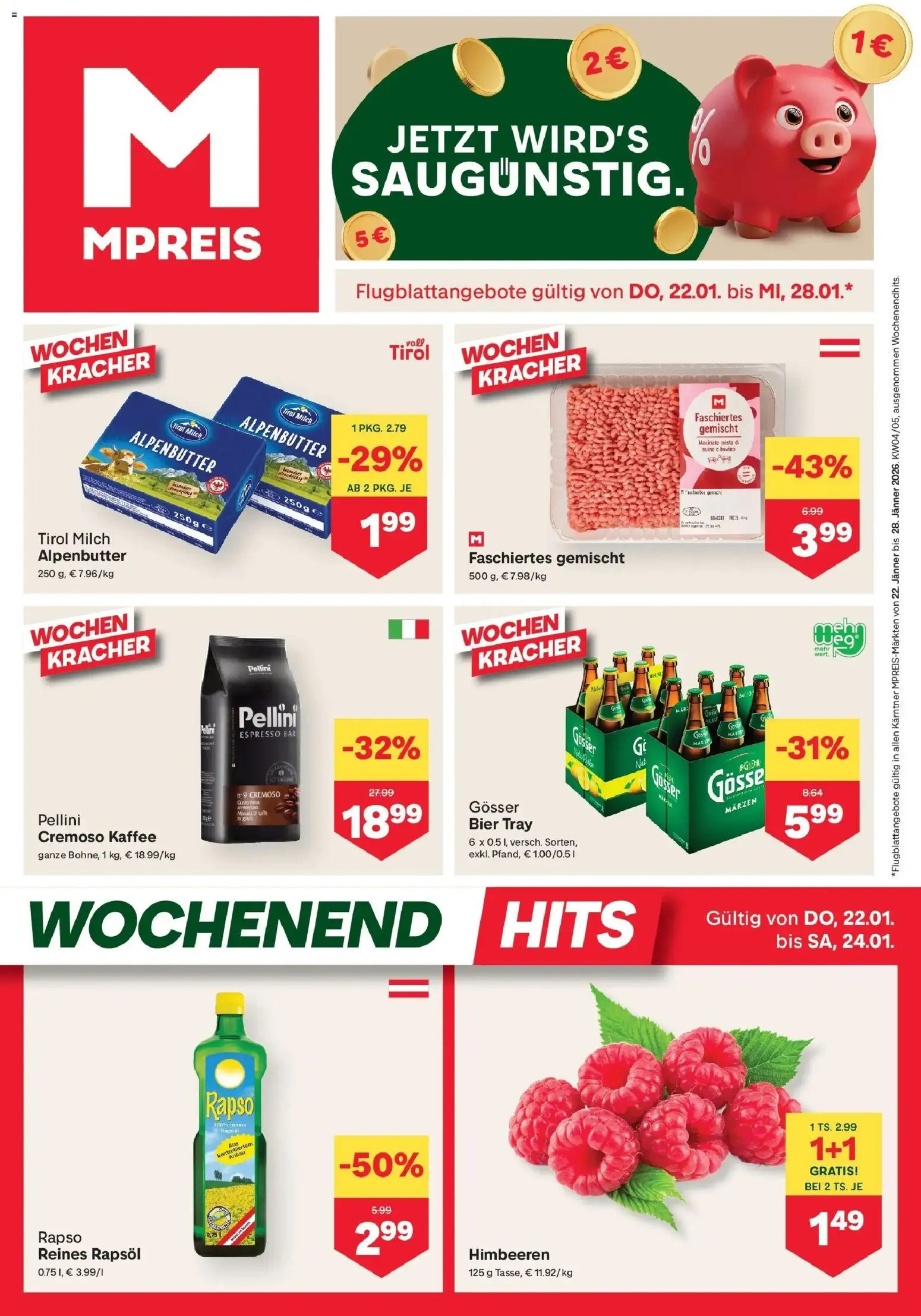 MPREIS Velden gültig ab 22.01.2026 | Seite: 1 | Produkte: Gewicht, Milch, Kaffee, Bier