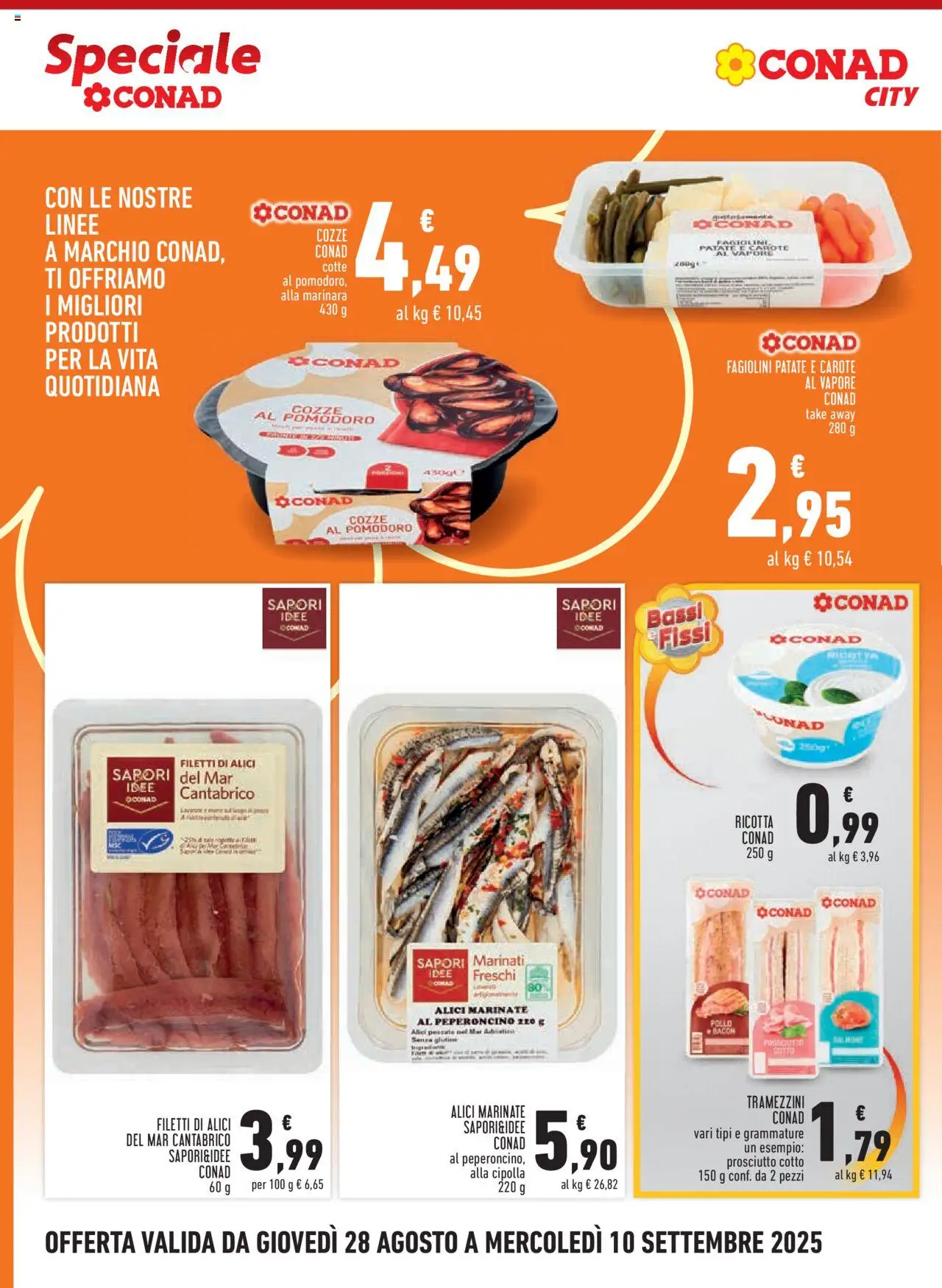 Volantino Conad del 28.08.2025 | Pagina: 4 | Prodotti: Cozze, Prosciutto, Ricotta, Alici