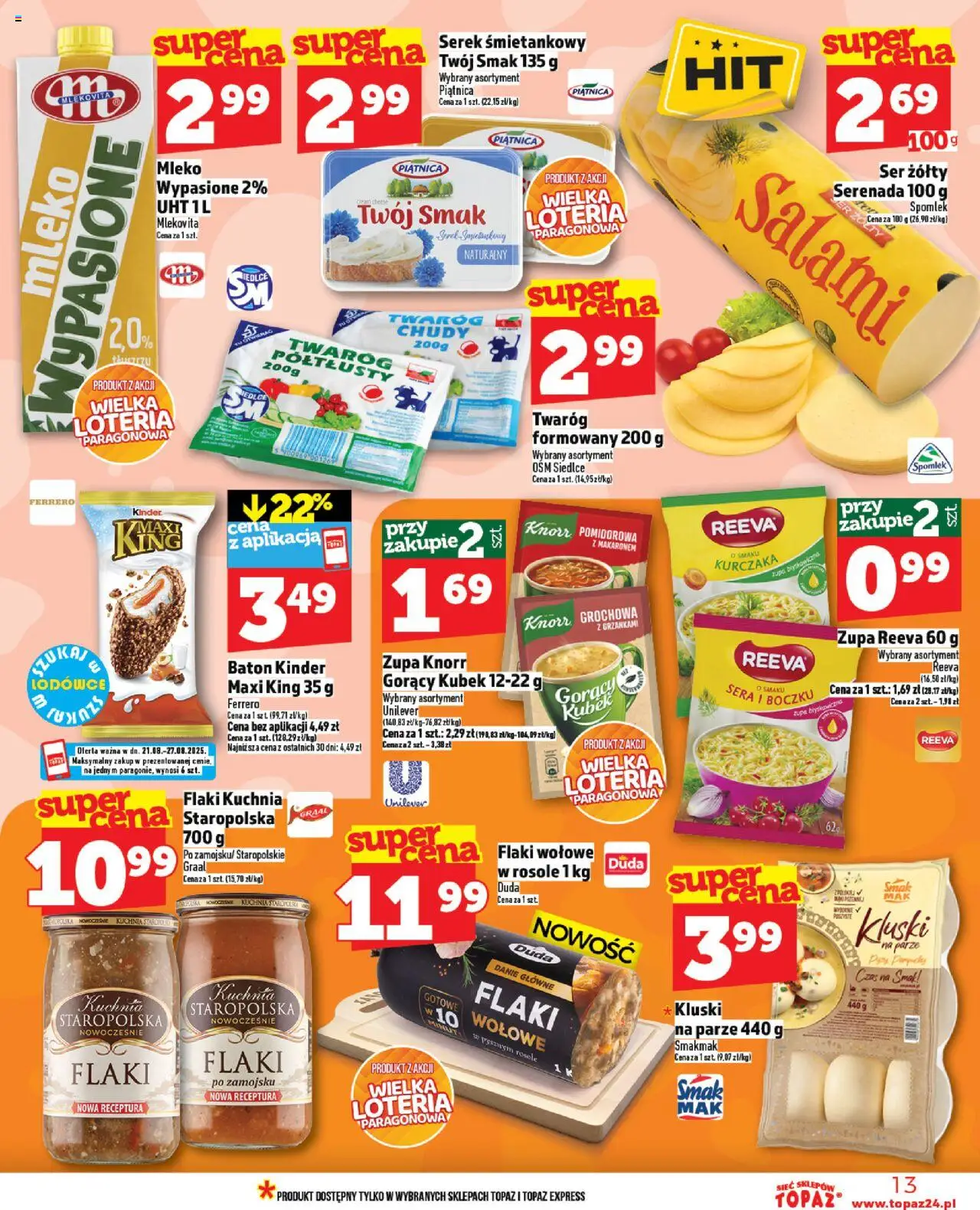 Topaz Gazetka od 21.08.2025 | Strona: 13 | Produkty: Ser żółty, Baton, Mleko, Twaróg