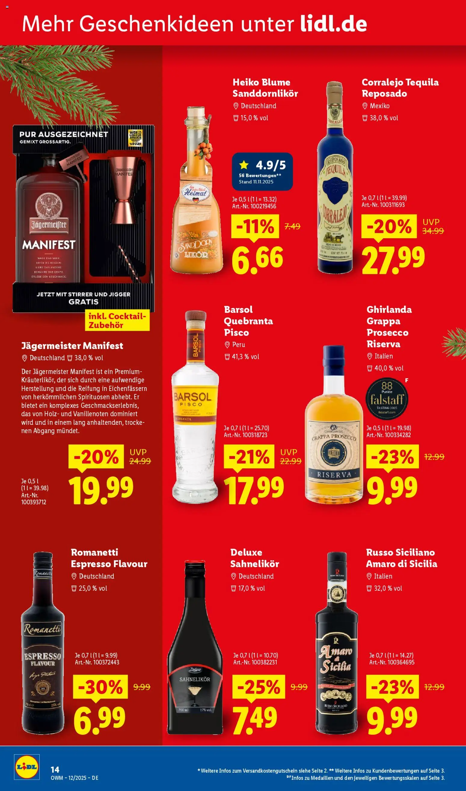 Lidl - Prospekt – gültig ab 01.12.2025 | Seite: 14 | Produkte: Tequila, Prosecco, Jägermeister
