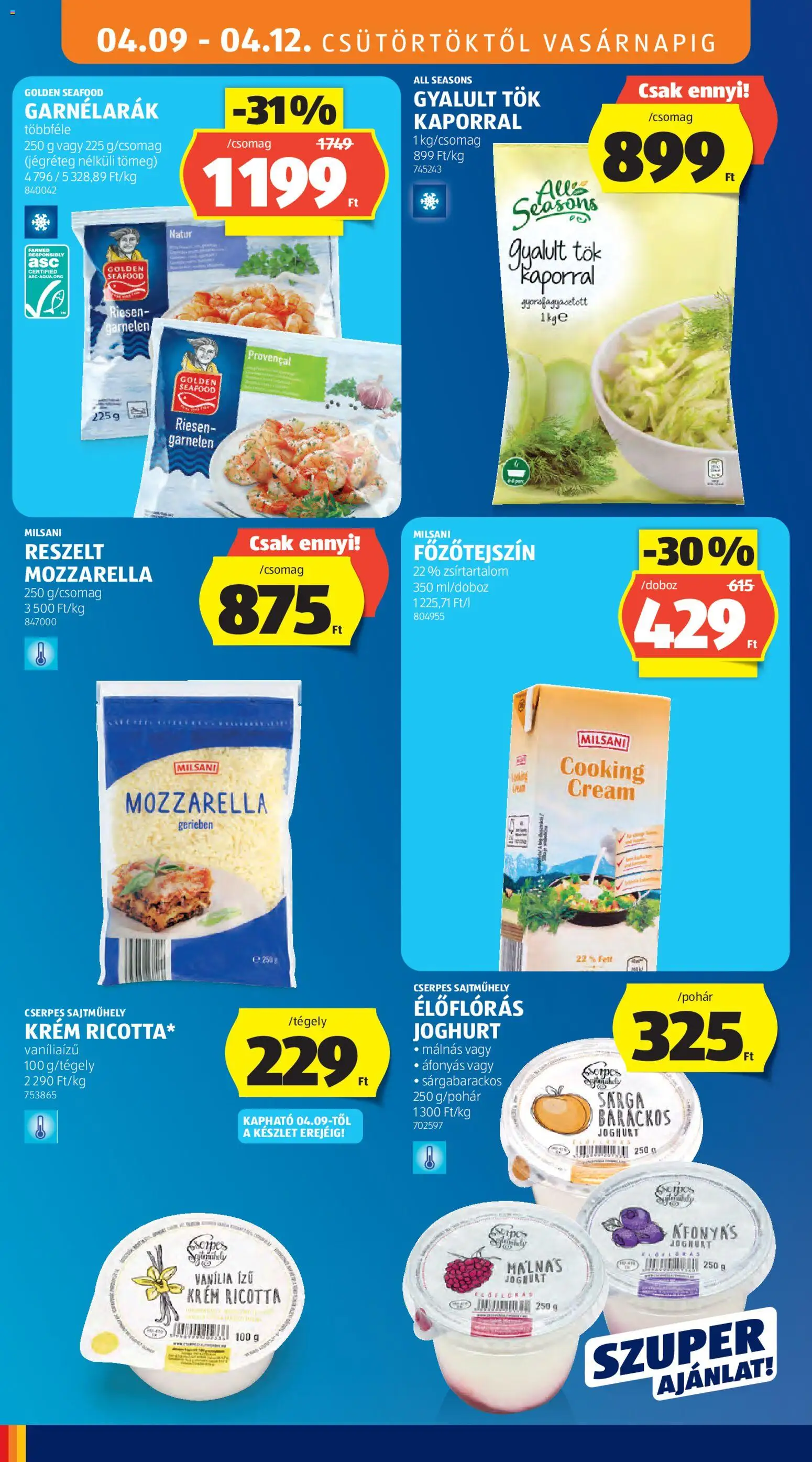 Aldi akciós ujság - amely érvényes a következő dátumtól: 09.04.2026 | Oldal: 14 | Termékek: Mozzarella, Ricotta, Tök, Főzőtejszín
