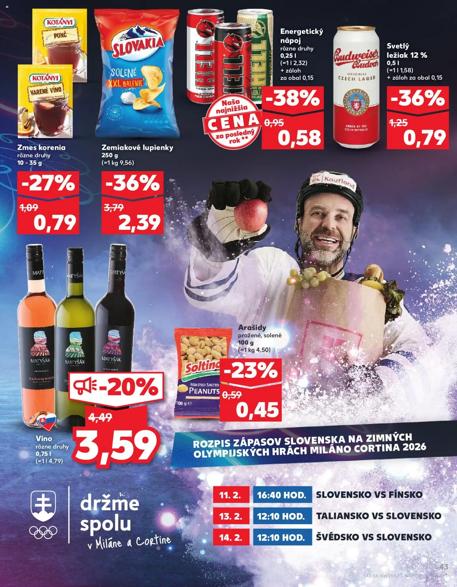 Nové Kaufland akcie – leták je platný od 05.02.2026 | Strana: 43 | Produkty: Víno, Hrach, Budvar, Energetický nápoj