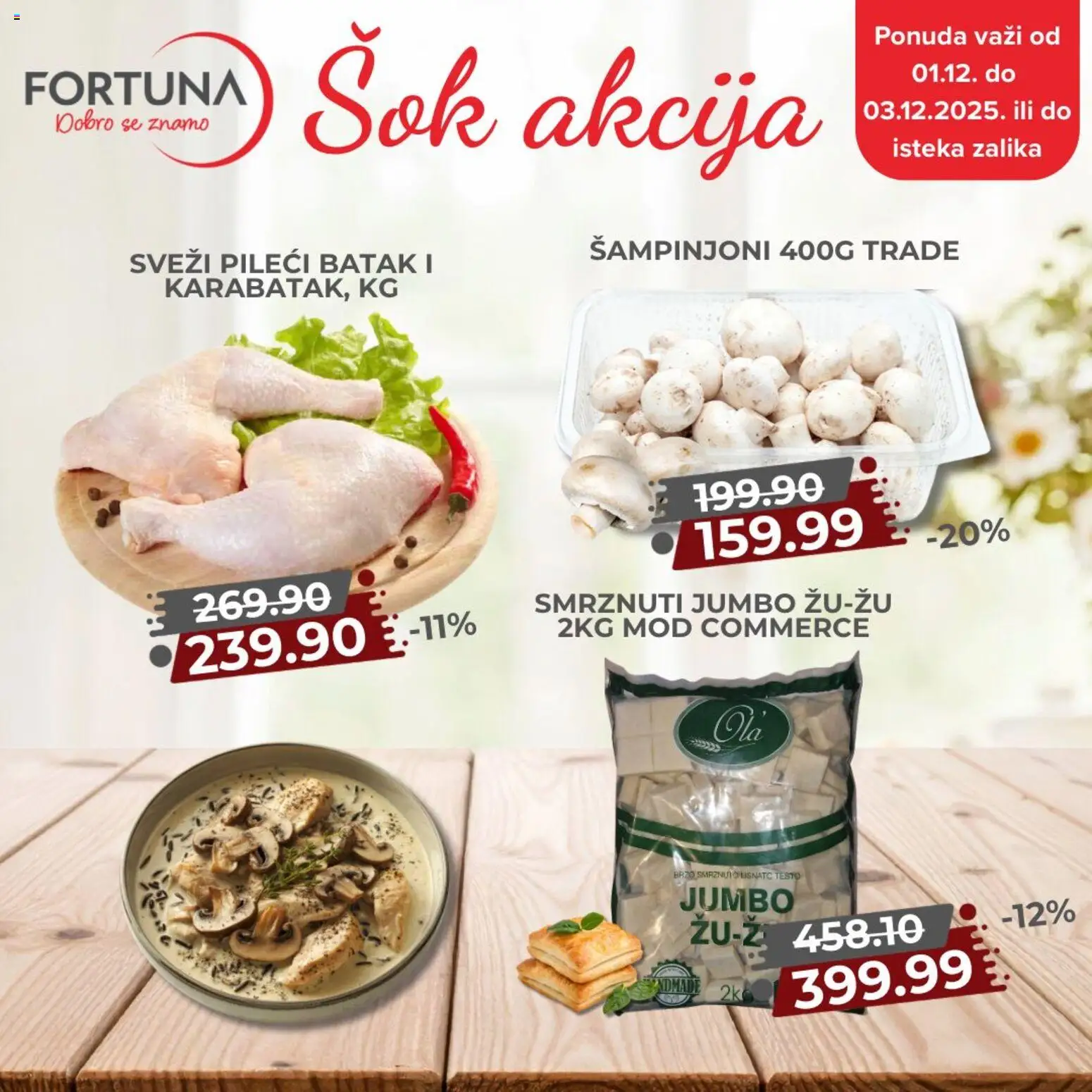 Fortuna Market katalog - važi od 01.12.2025 | Strana: 1 | Proizvode: Šampinjoni, Pileći batak, Sok