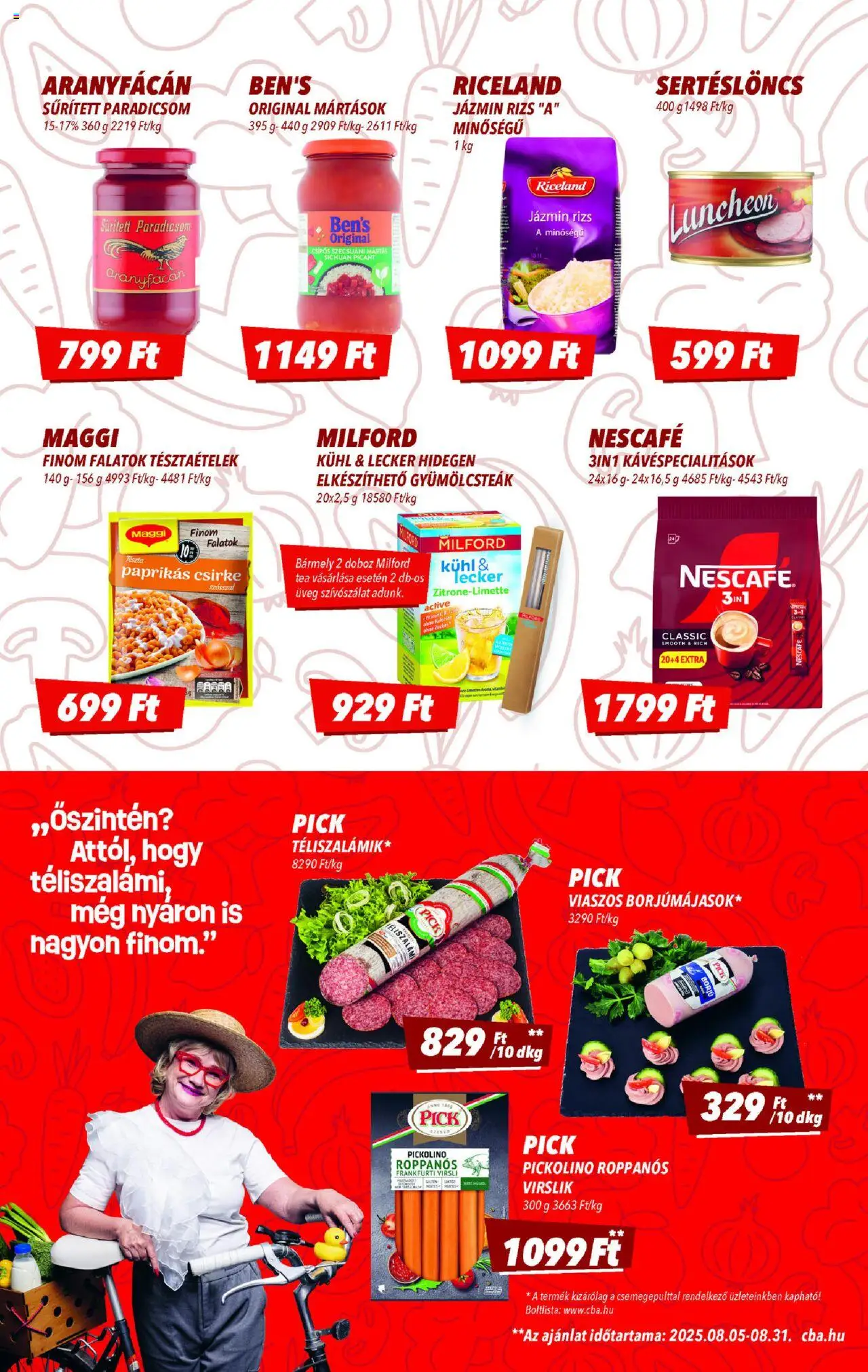 CBA akciós ujság - amely érvényes a következő dátumtól: 14.08.2025 | Oldal: 5 | Termékek: Virsli, Nescafé, Doboz, Paradicsom