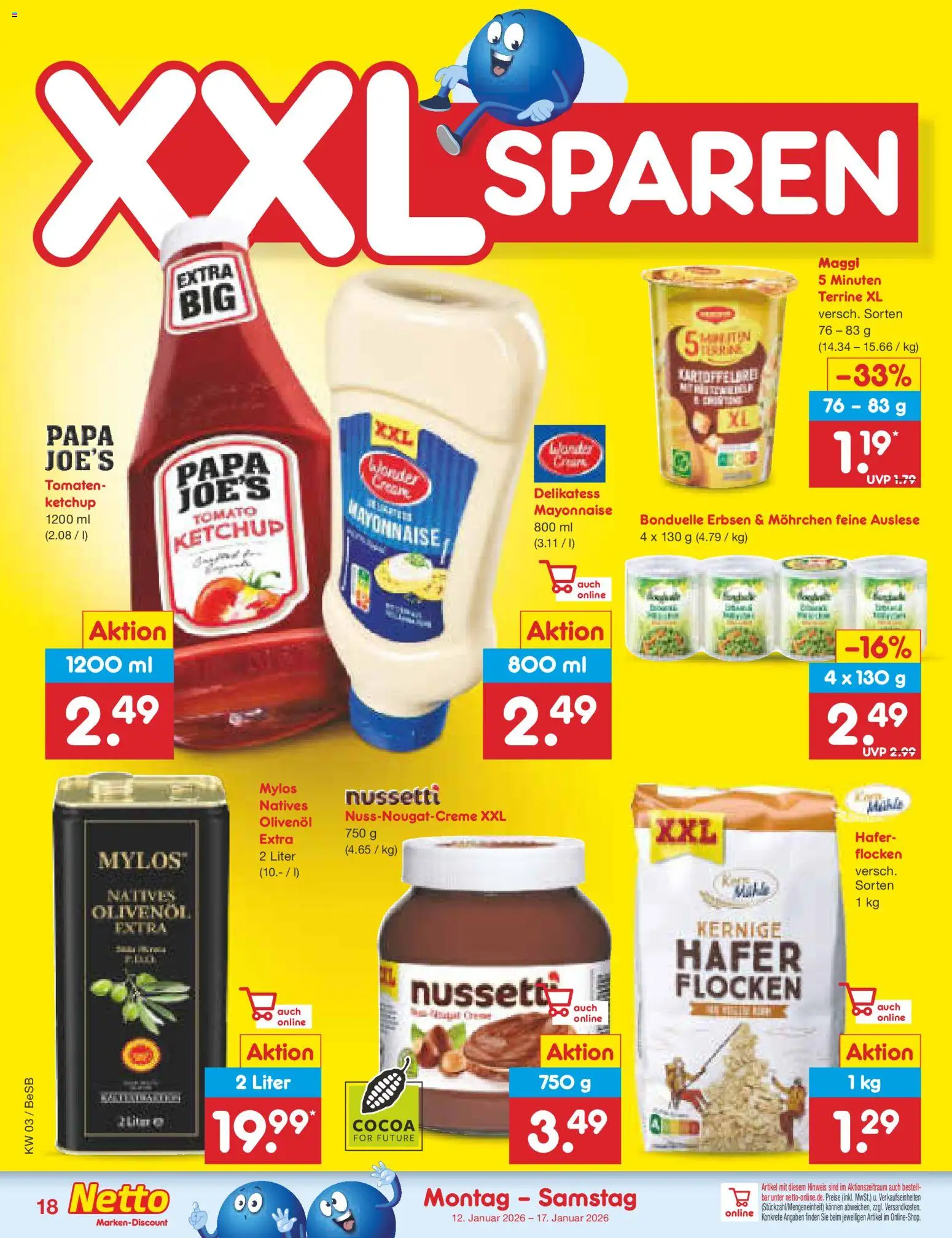 Netto Marken-Discount Prospekt 	 – gültig ab 12.01.2026 | Seite: 18 | Produkte: Olivenol, Tomaten, Ketchup, Erbsen