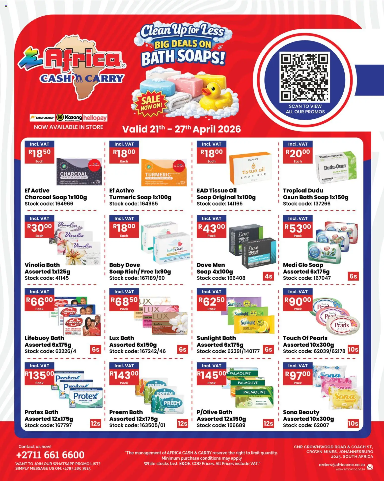 New Africa Cash & Carry catalogue – valid from 21.04.2026 | Page: 1 | Products: Tissue oil, Bath, Stock, Soap
