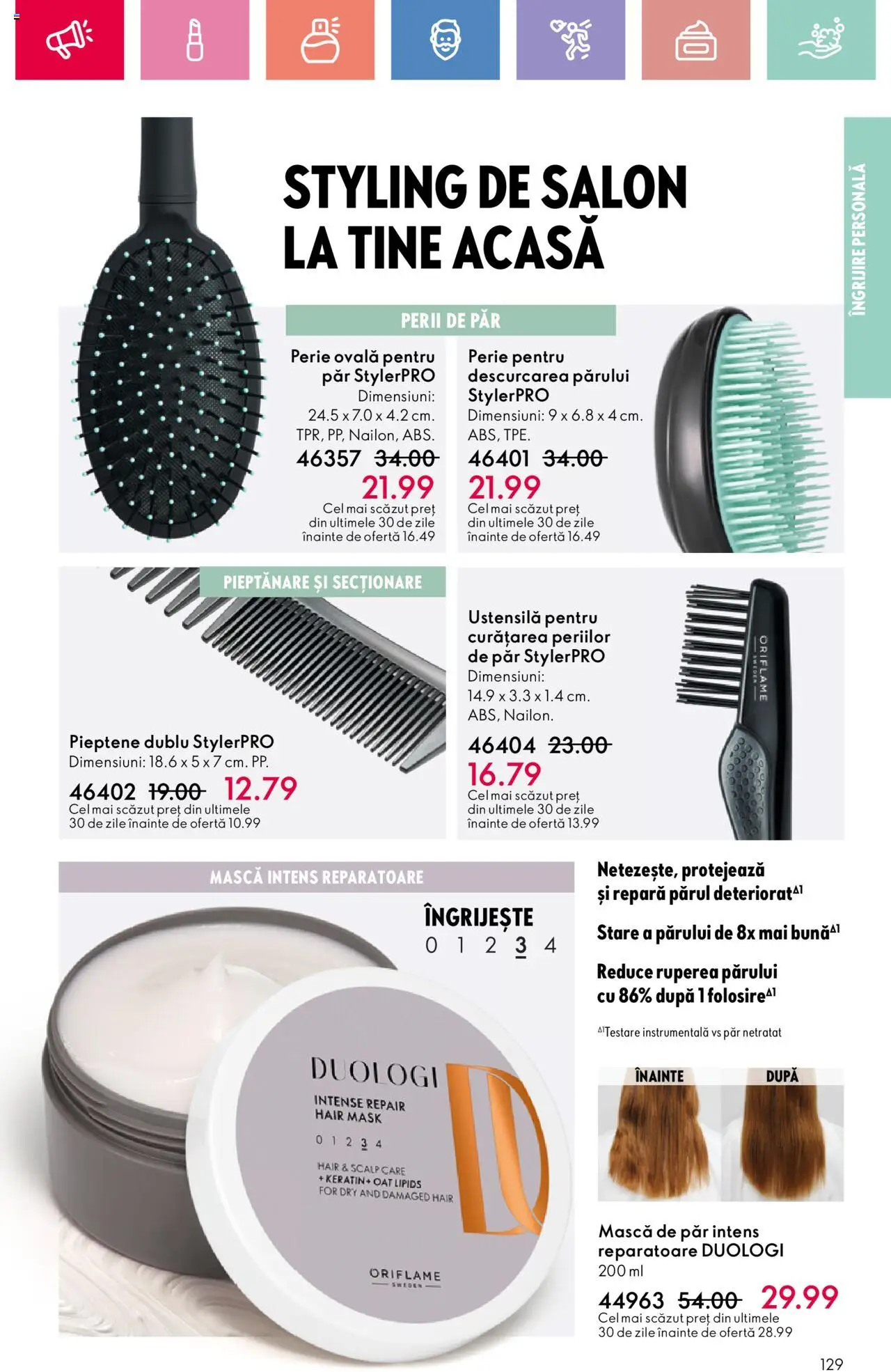 Oriflame catalog 10 2025 – valabil de la 06.07.2025 | Pagină: 129 | Produse: Pieptene, Perie, Mască de păr
