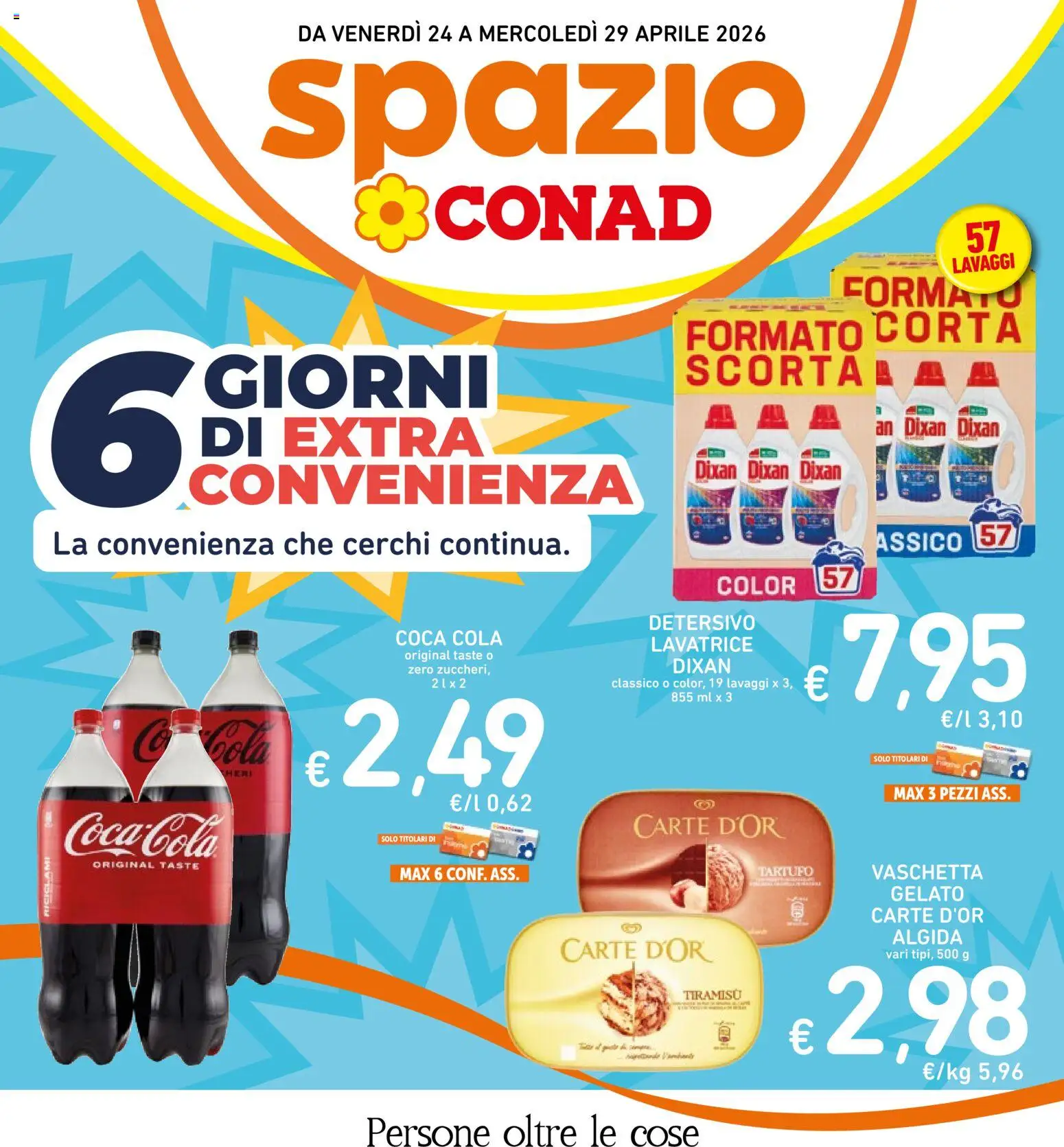 Volantino Spazio Conad del 24.04.2026 | Pagina: 1 | Prodotti: Tartufo, Gelato, Lavatrice, Coca Cola