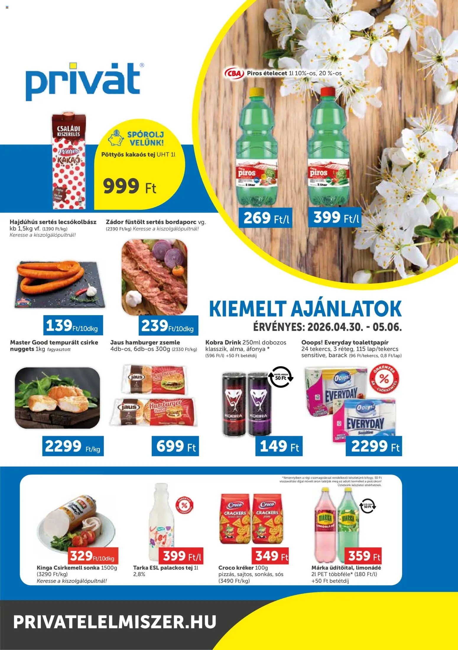 PRIVÁT akciós ujság - amely érvényes a következő dátumtól: 30.04.2026 | Oldal: 1 | Termékek: Hamburger, Csirkemell sonka, Tej, Csirkemell