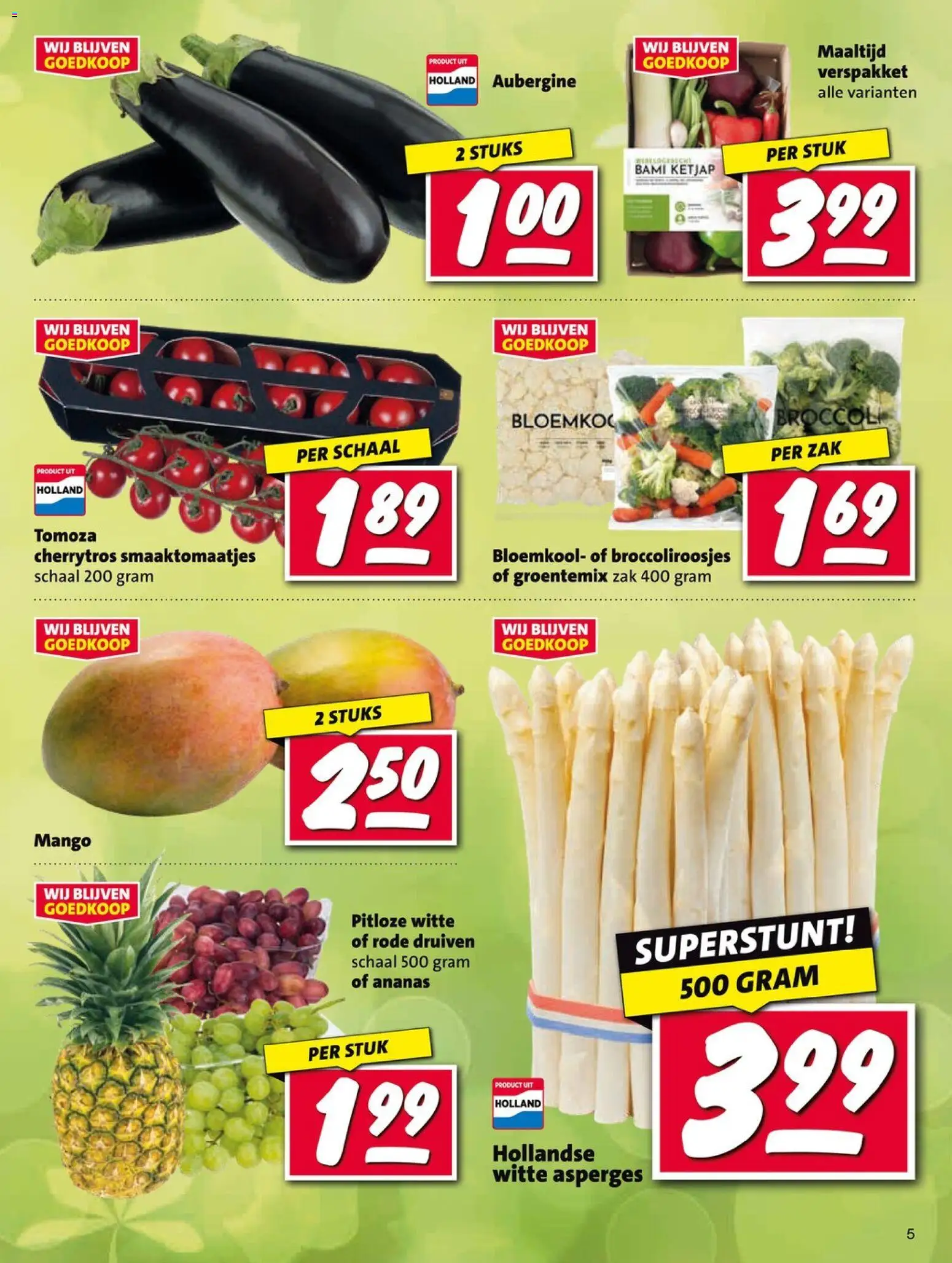 {H1} | Pagina: 5 | Producten: Bloemkool, Asperges, Schaal, Druiven