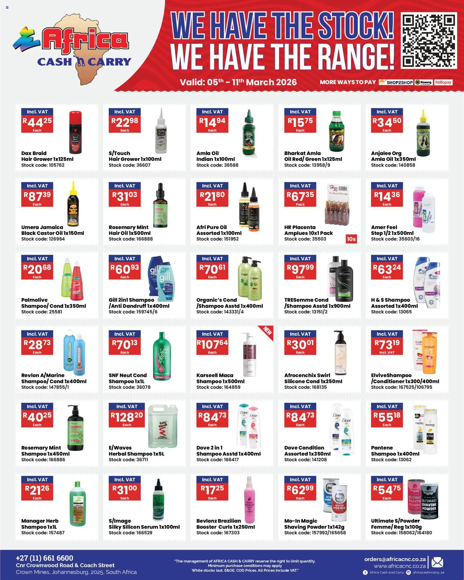 New Africa Cash & Carry catalogue – valid from 05.03.2026 | Page: 2 | Products: Oil, Shampoo, Stock, Silicone