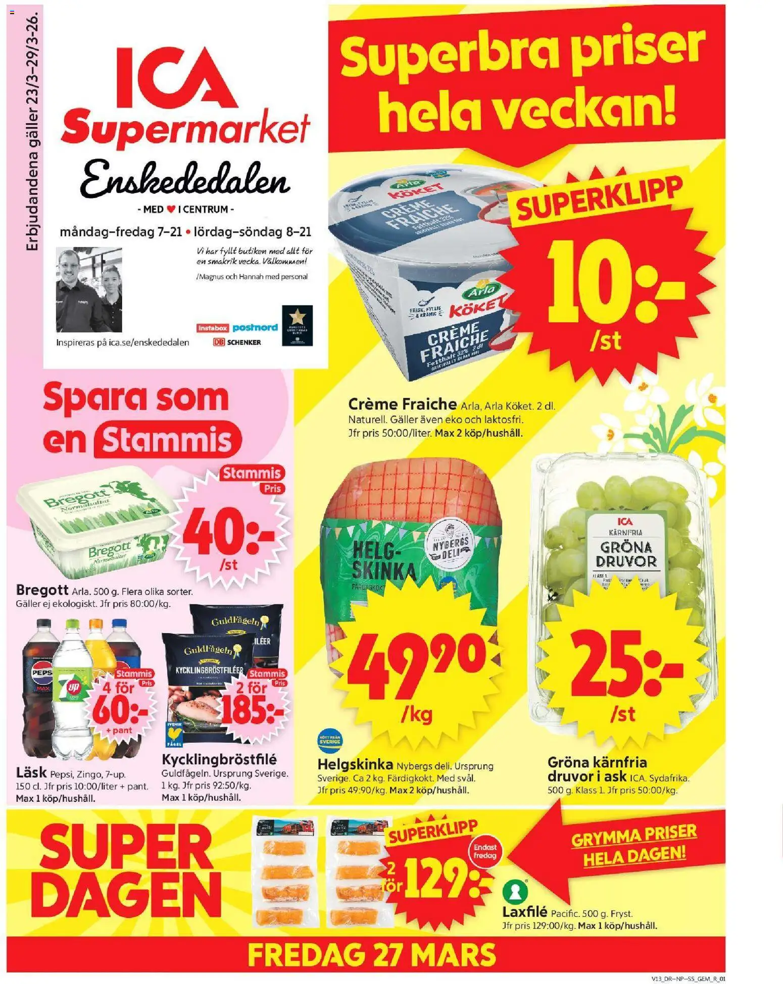 ICA Supermarket reklamblad aktuell från 23.03.2026 | Sida: 1 | Produkter: Gem, Galler, Bregott, Creme fraiche