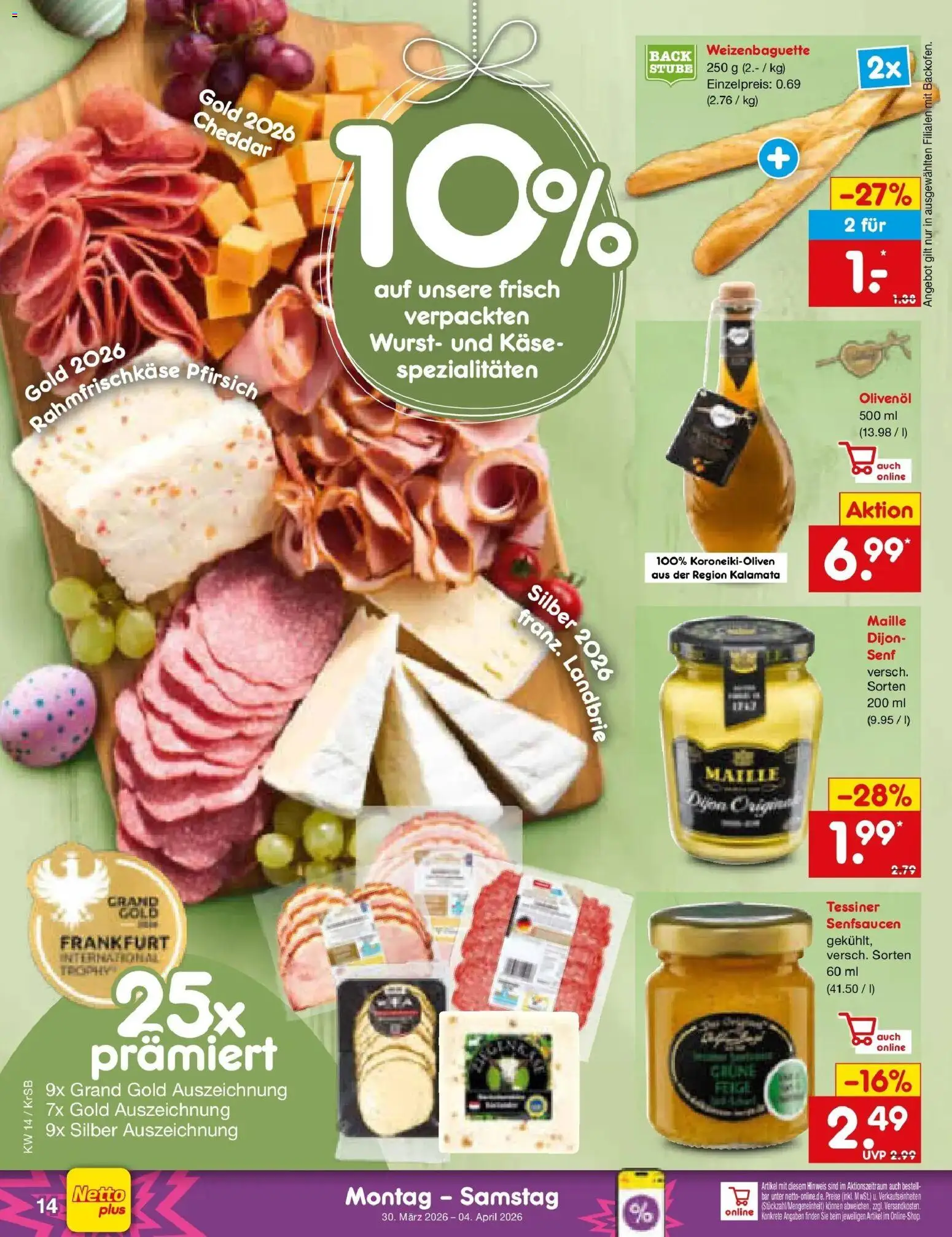 Netto Marken-Discount Prospekt Jüchen	 – gültig ab 30.03.2026 | Seite: 16 | Produkte: Käse, Olivenol, Wurst, Pfirsich