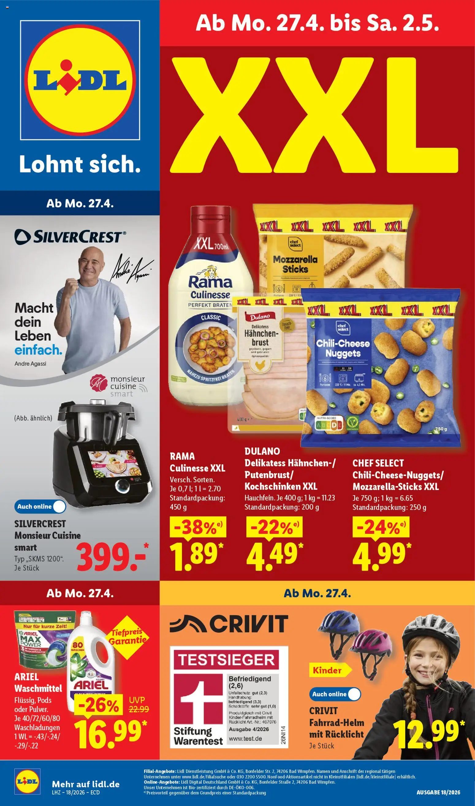 Lidl Prospekt – gültig ab 27.04.2026 | Seite: 1 | Produkte: Hahnchen, Rama, Mozzarella, Fahrradhelm