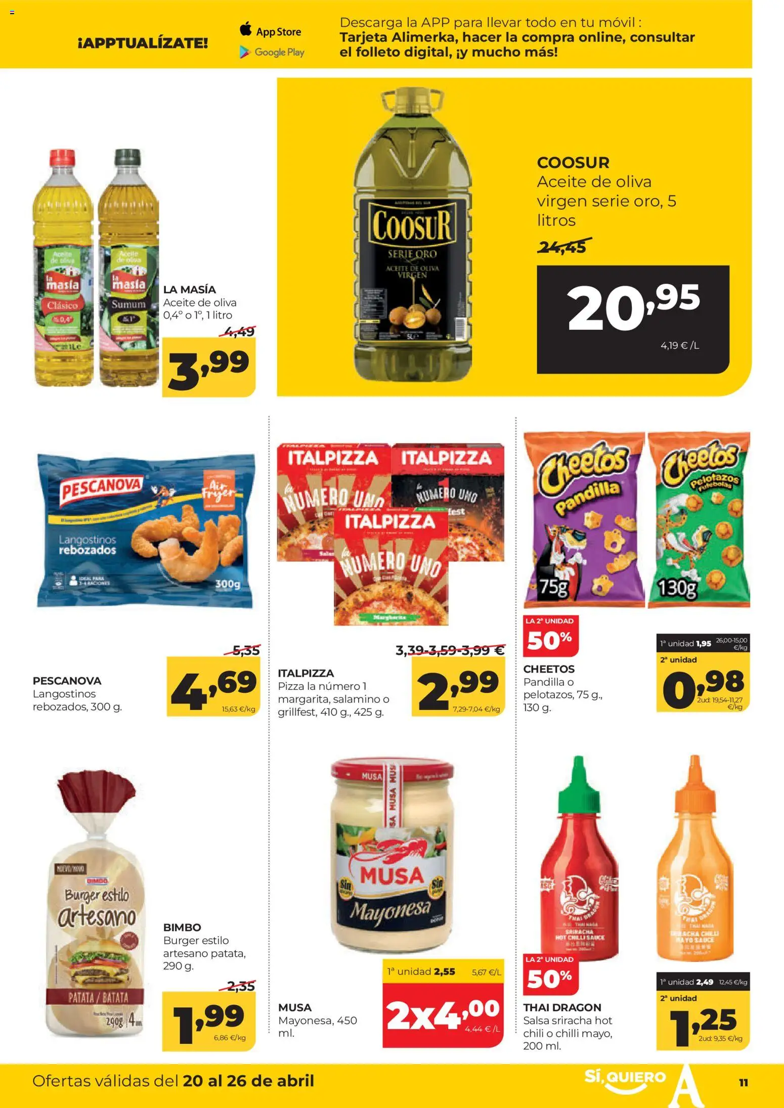 Alimerka folleto Castilla y León │ válido desde el 20.04.2026 | Página: 11 | Productos: Aceite, Pizza, Aceite de oliva, Οθόνη προβολής