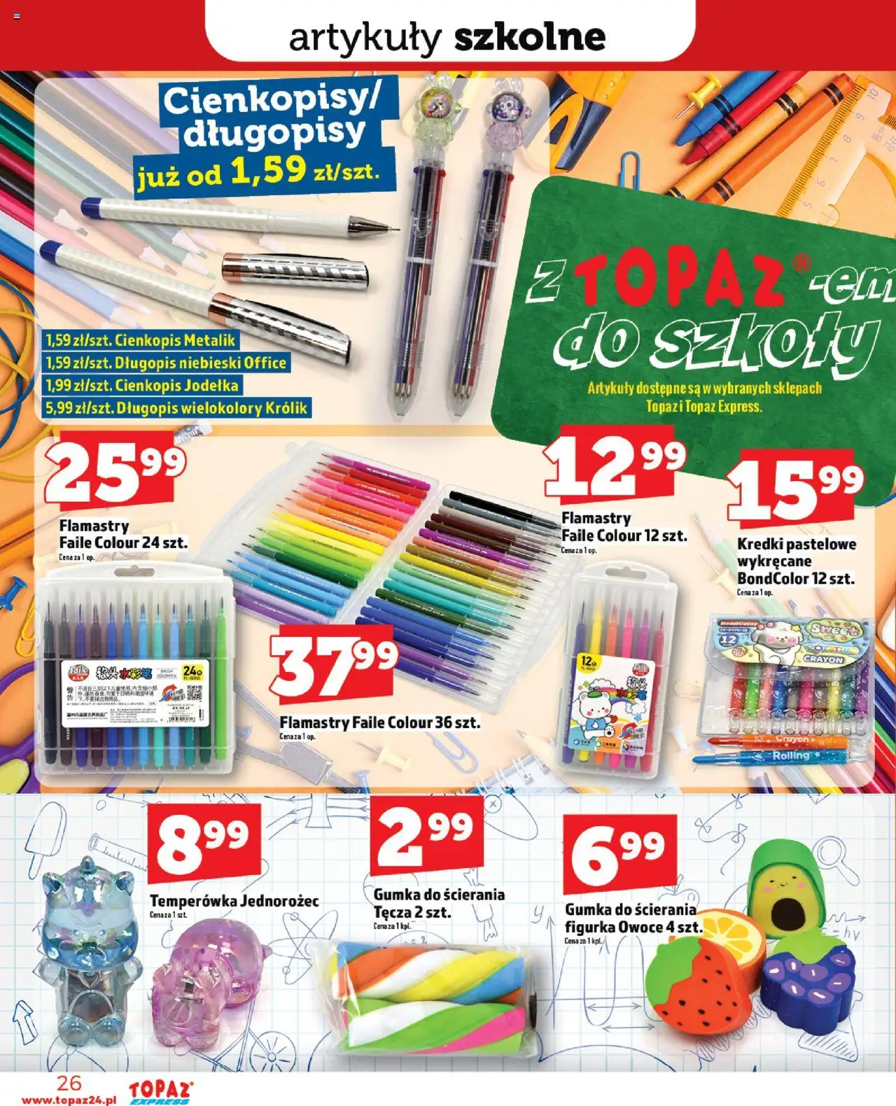 Topaz Gazetka - Express od 28.08.2025 | Strona: 26 | Produkty: Temperówka, Jednorożec, Artykuły szkolne, Owoce