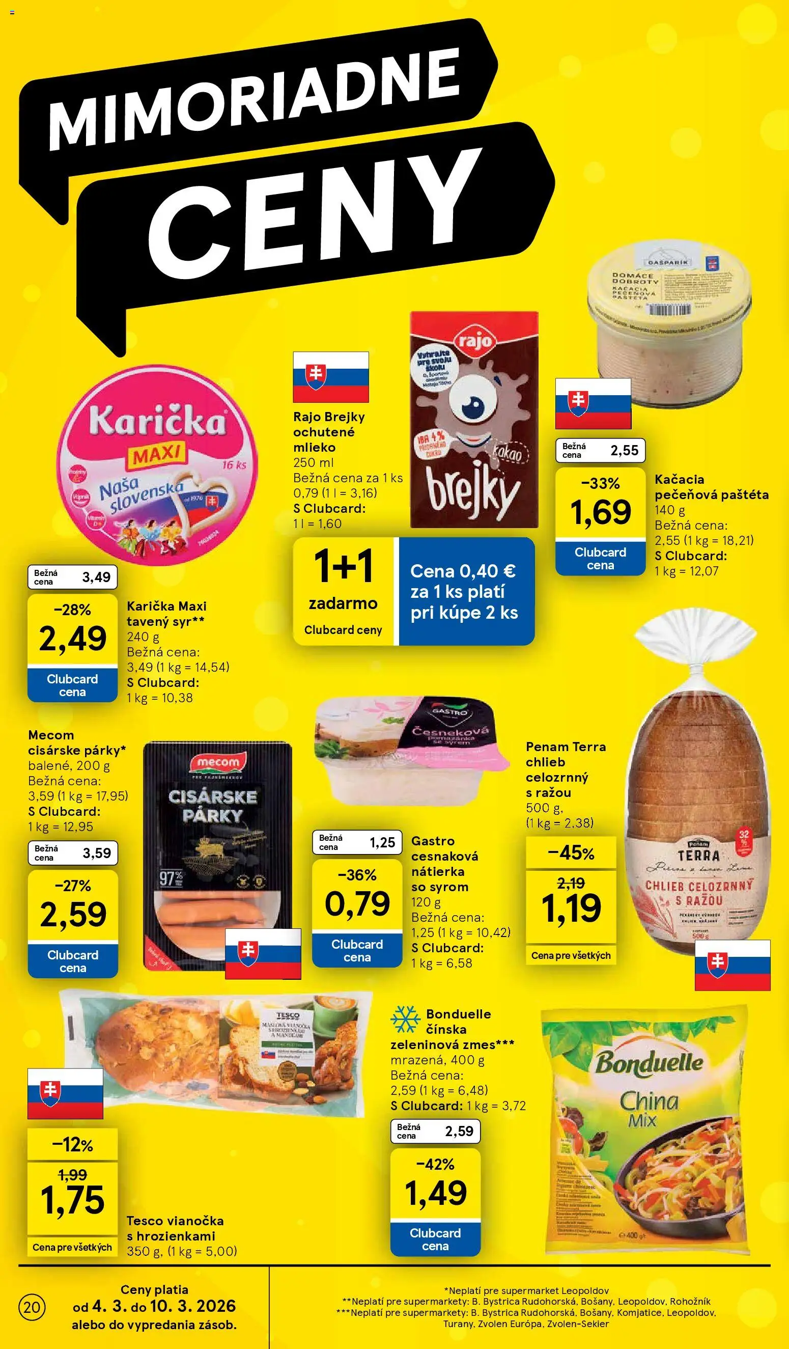 Nové Tesco akcie – leták je platný od 04.03.2026 | Strana: 20 | Produkty: Syr, Chlieb, Párky, Kakao