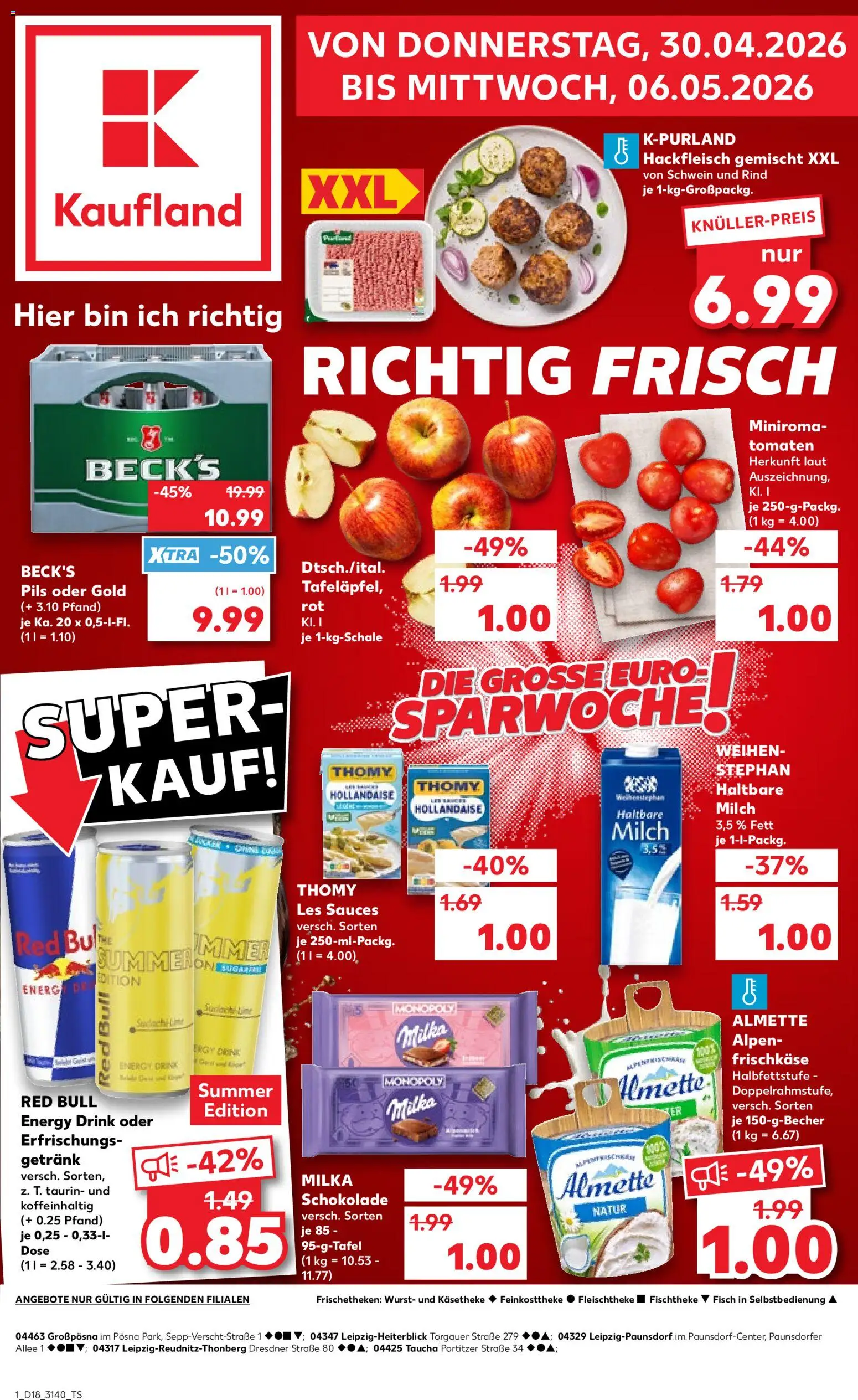 Kaufland Prospekt Leipzig	 – gültig ab 30.04.2026 | Seite: 1 | Produkte: Thomy les sauces, Schokolade, Milka schokolade, Wurst