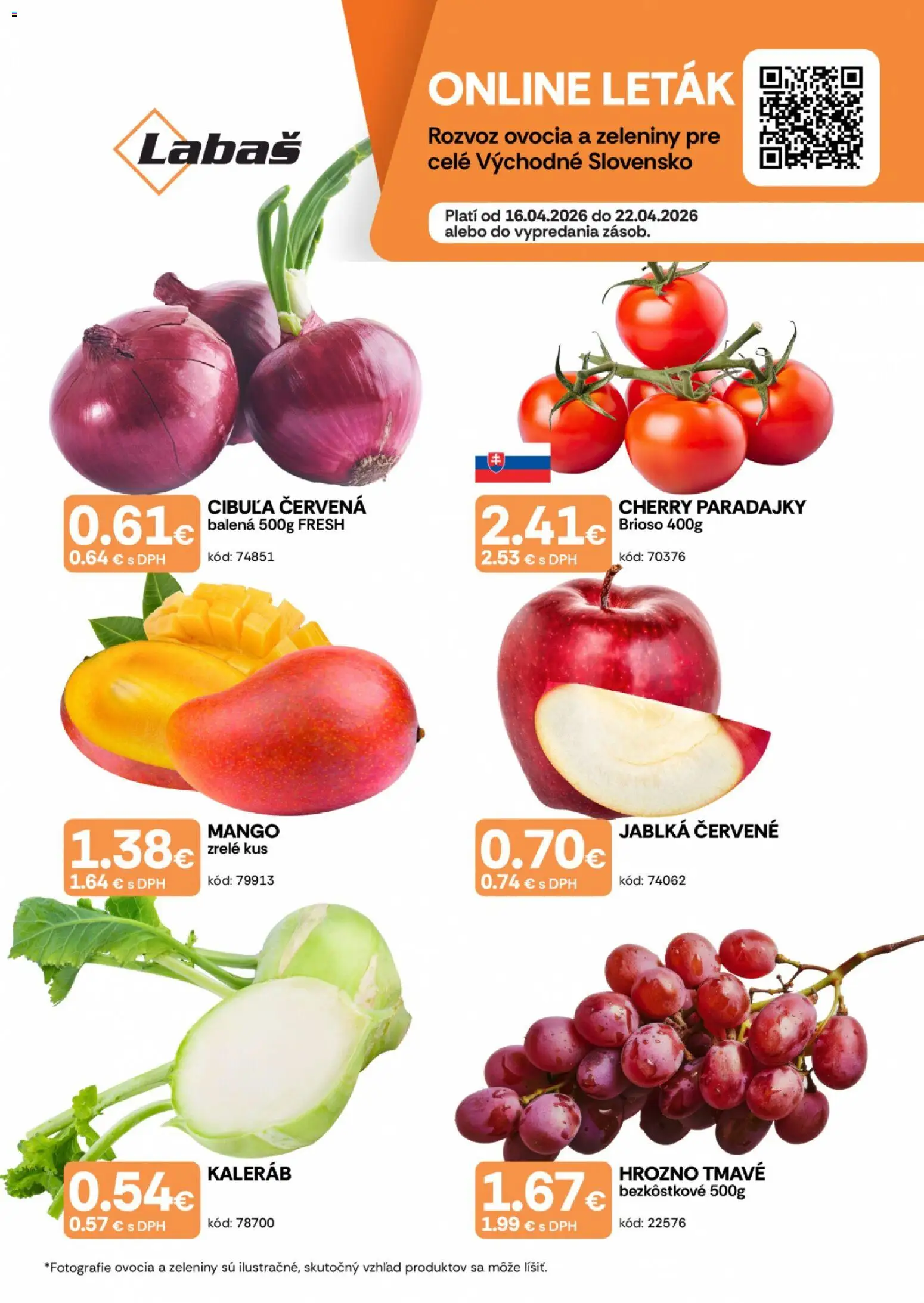 Nové Labaš akcie – leták je platný od 16.04.2026 | Strana: 1 | Produkty: Paradajky, Cibuľa, Mango, Cherry paradajky