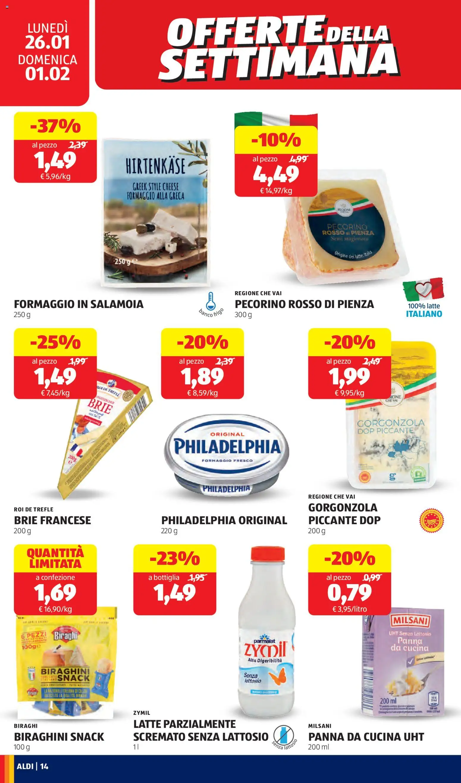 Volantino Aldi del 26.01.2026 | Pagina: 14 | Prodotti: Panna, Formaggio, Latte parzialmente scremato, Pecorino