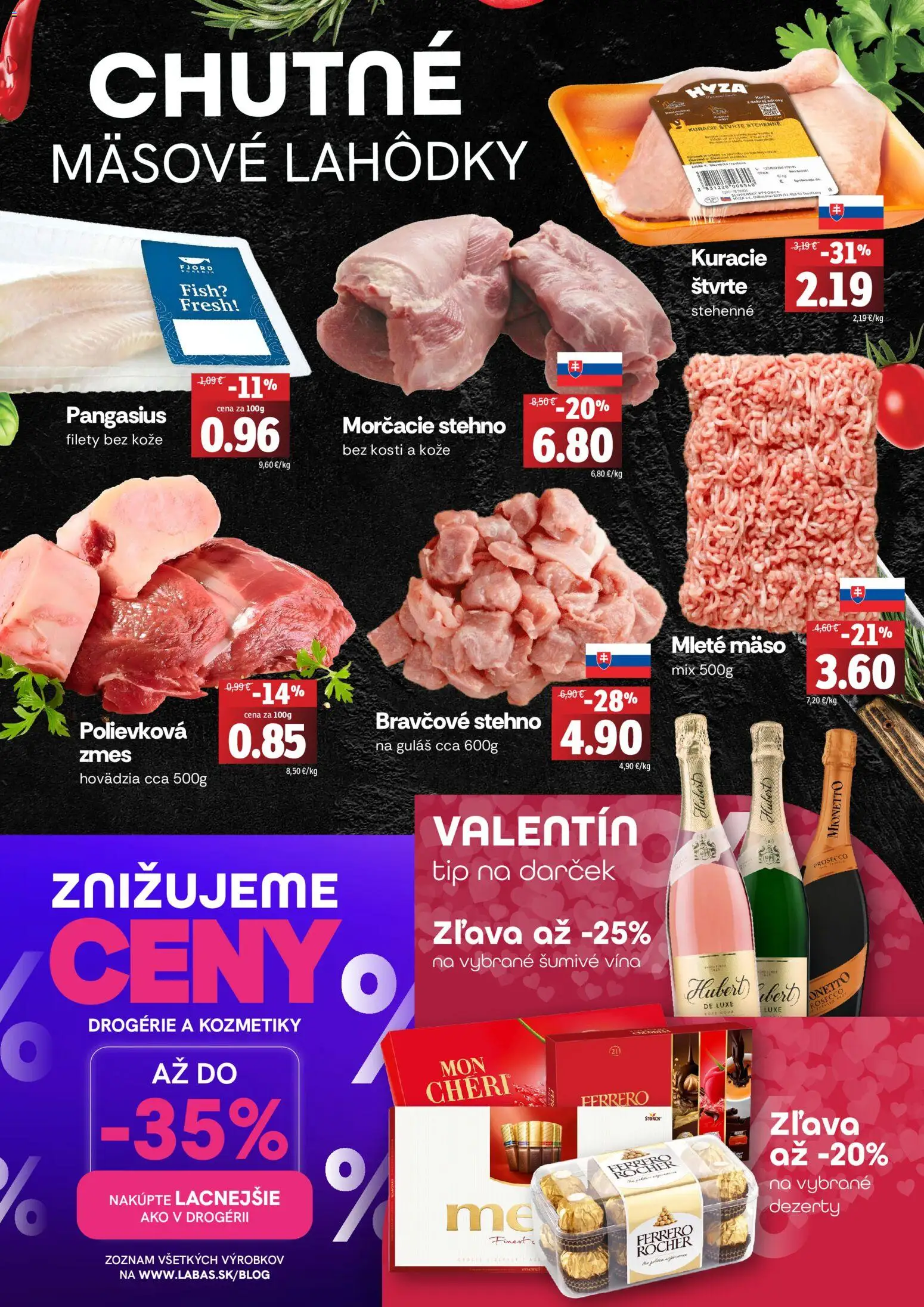 Nové Fresh akcie – leták je platný od 12.02.2026 | Strana: 2 | Produkty: Prosecco, Merci, Bravčové stehno, Mleté mäso