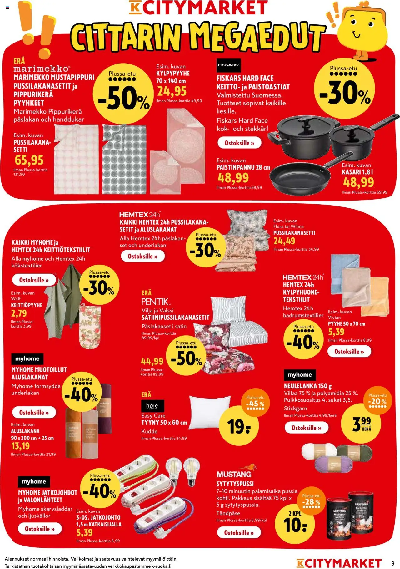 K-Citymarket tarjoukset – voimassa 15.09.2025 alkaen | Sivu: 9 | Tuotteet: Aluslakana, Tyyny, Paistinpannu, Sukat