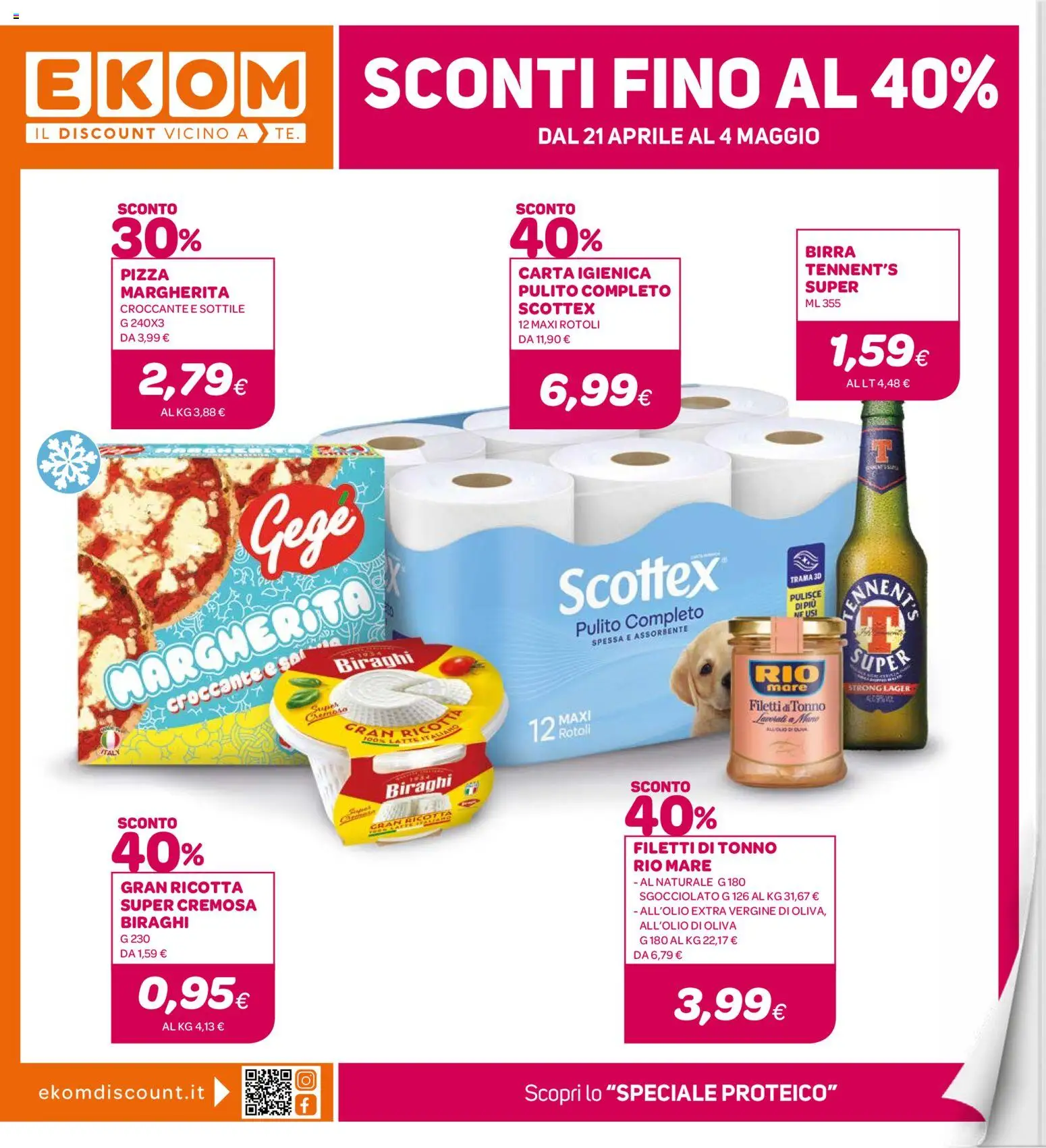 Volantino Ekom del 21.04.2026 | Pagina: 1 | Prodotti: Tennent's, Pizza, Birra, Tonno
