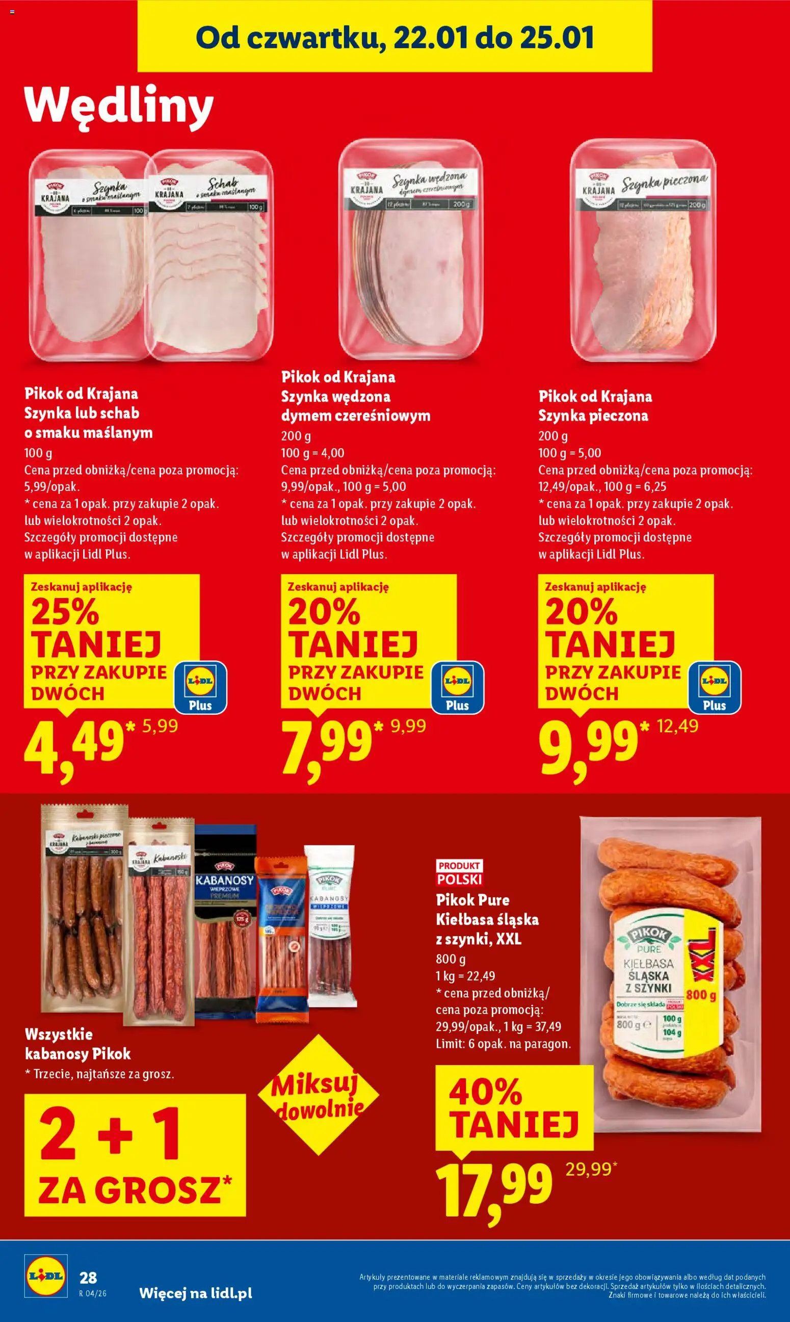 Lidl Gazetka od 22.01.2026 | Strona: 28 | Produkty: Kabanosy, Szynka, Kiełbasa śląska, Wędliny