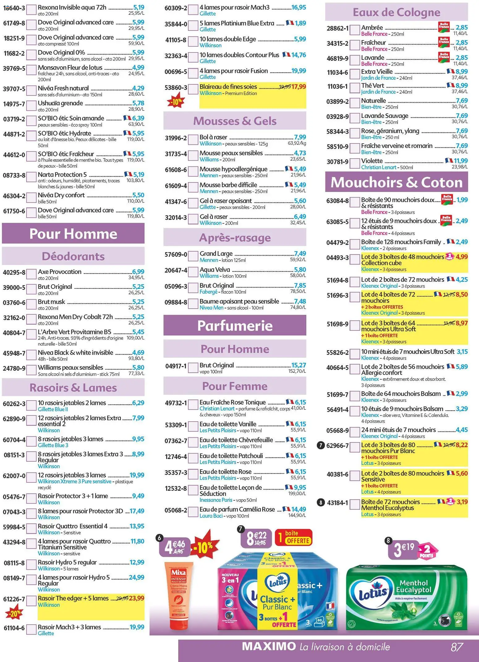 {H1} | Page: 87 | Produits: Alcool, Camelia, Eau de toilette, Mouchoirs