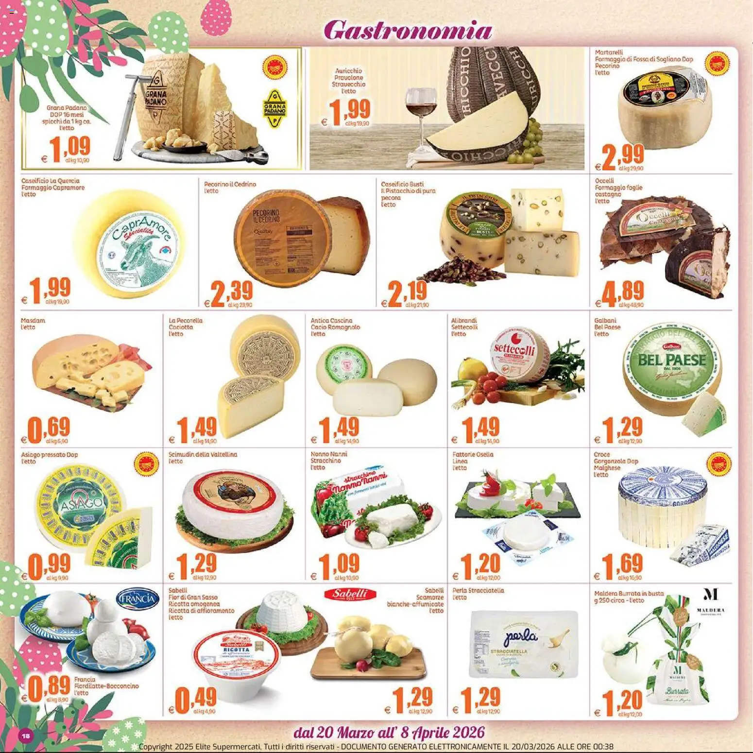 Volantino Elite Supermercati del 20.03.2026 | Pagina: 18 | Prodotti: Stracchino, Letto, Pecorino, Burrata