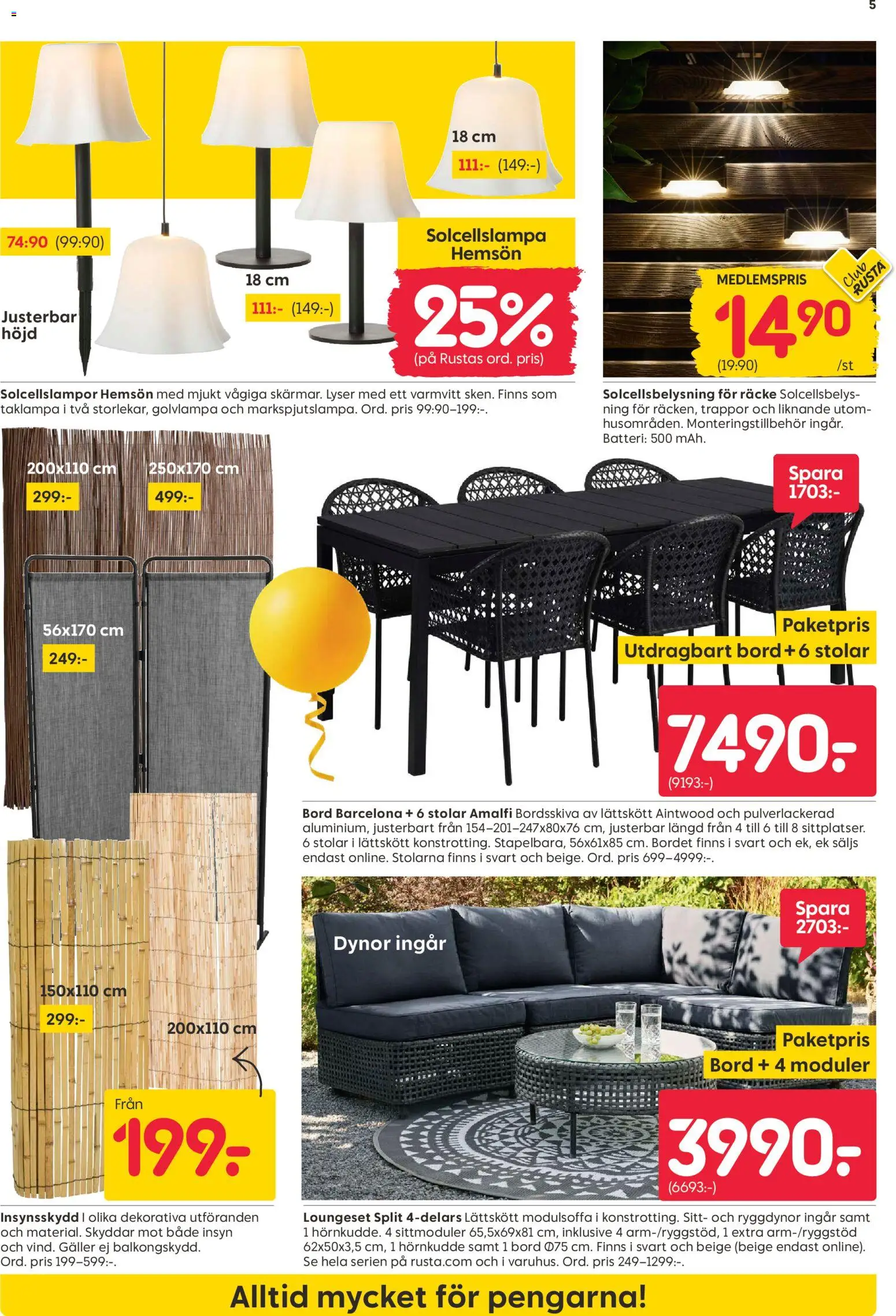 Rusta reklamblad aktuell från 20.04.2026 | Sida: 5 | Produkter: Solcellsbelysning, Galler, Bord, Batteri