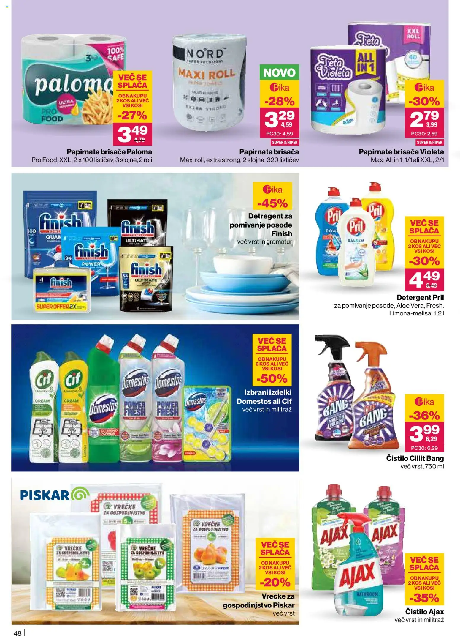 Novi Mercator katalog ponudbe – veljaven od 23.10.2025 | Stran: 48 | Izdelki: Brisača, Papirnate brisače, Kos, Detergent