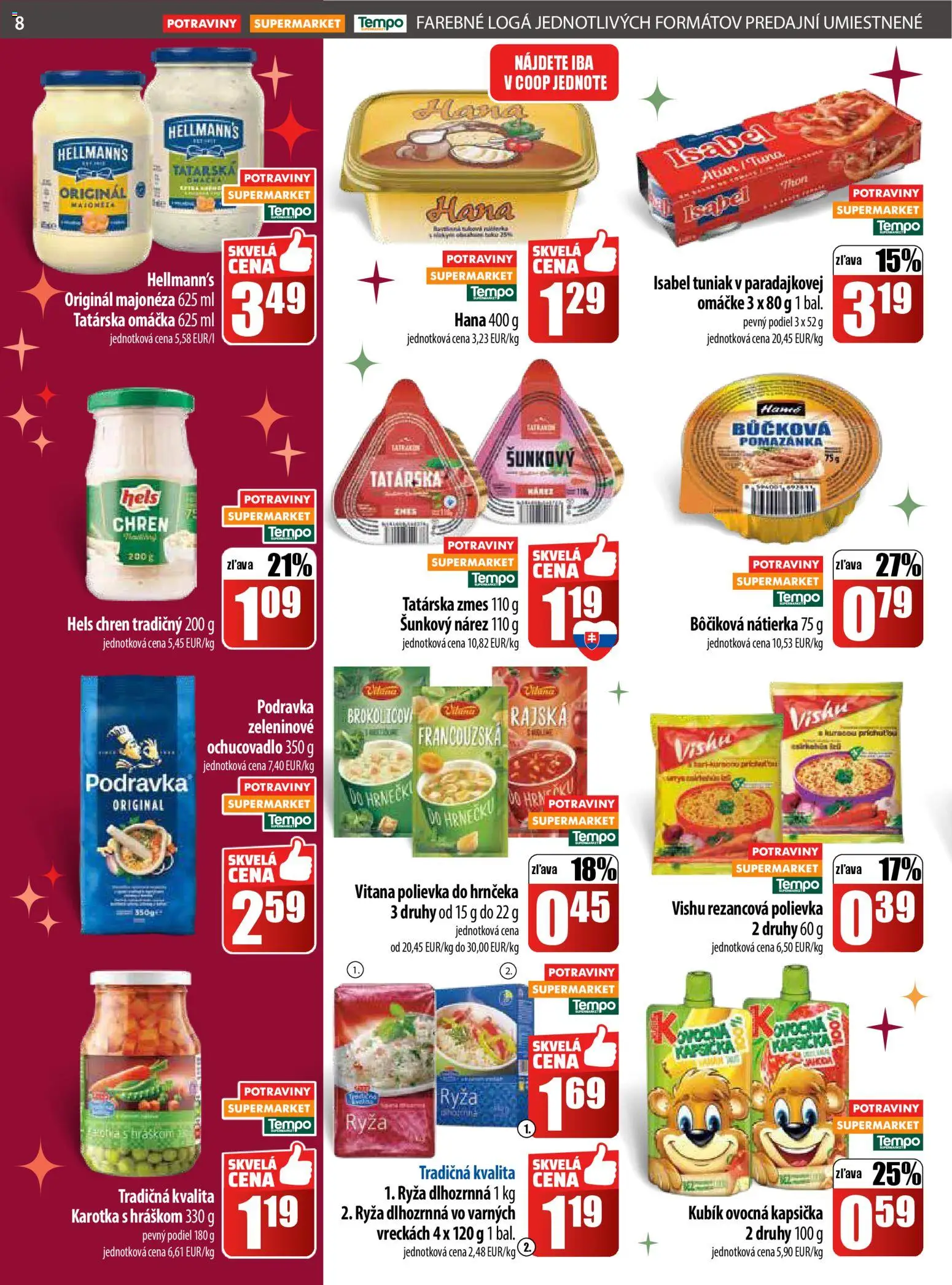 Nové COOP Jednota akcie – leták je platný od 11.12.2025 | Strana: 8 | Produkty: Chren, Ryža, Tatárska omáčka, Omáčka